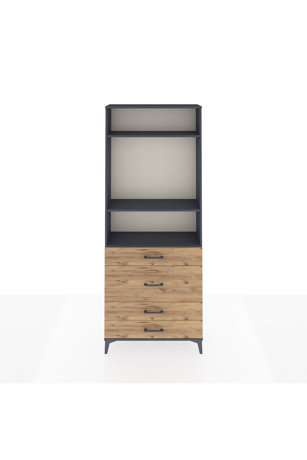 Arges Dolap 3 Raflı 4 Çekmeceli 88x30x221 Antrasit-Çam