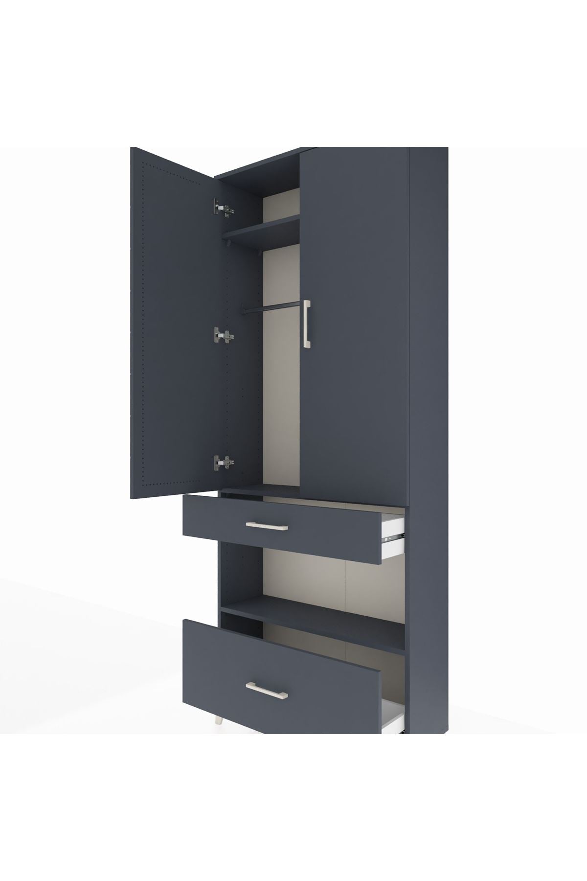 Arges Dolap 3 Raflı 2 Çekmeceli Tek Askılı 88x30x221 Antrasit-Antrasit