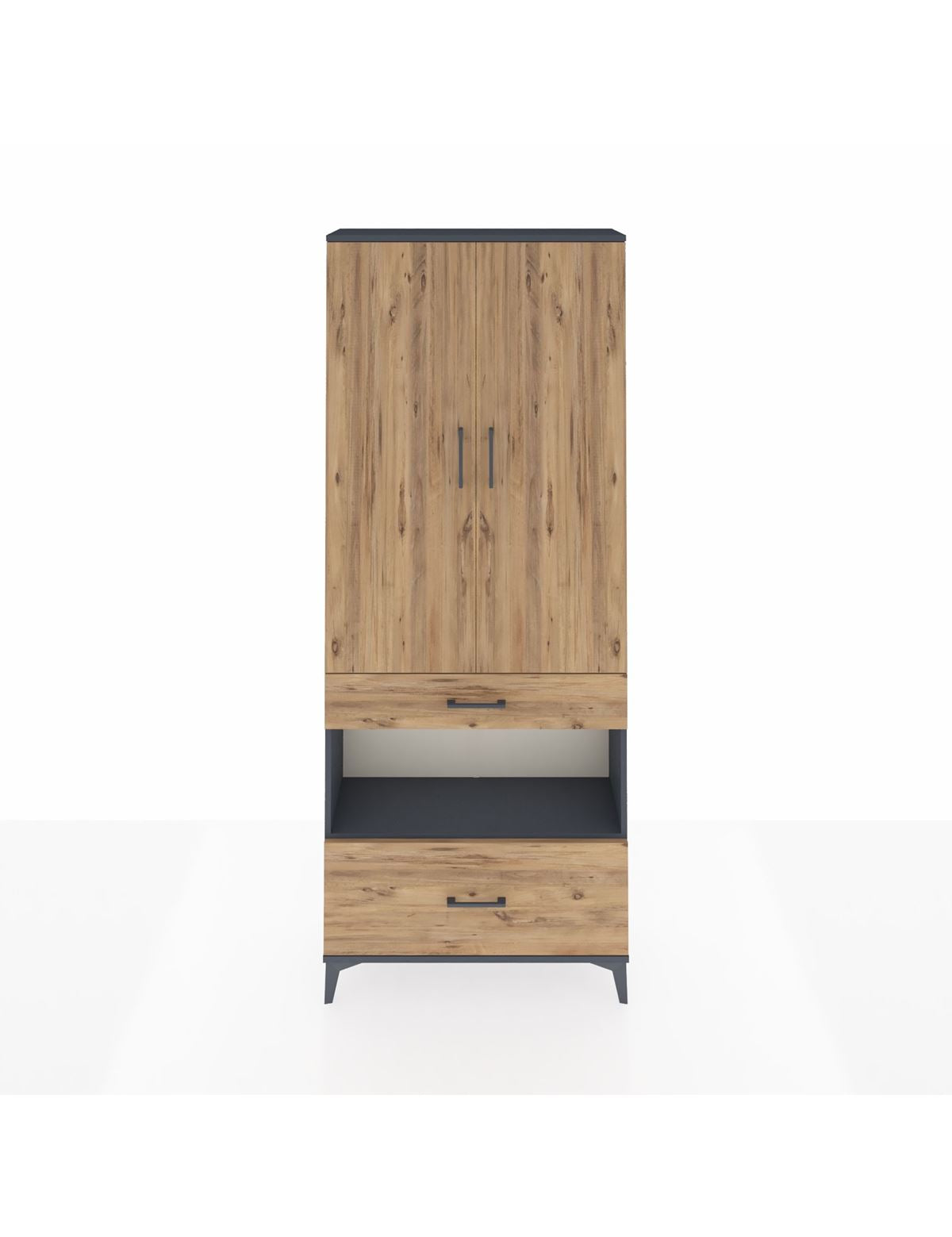 Arges Dolap 3 Raflı 2 Çekmeceli Tek Askılı 88x30x221 Antrasit-Çam