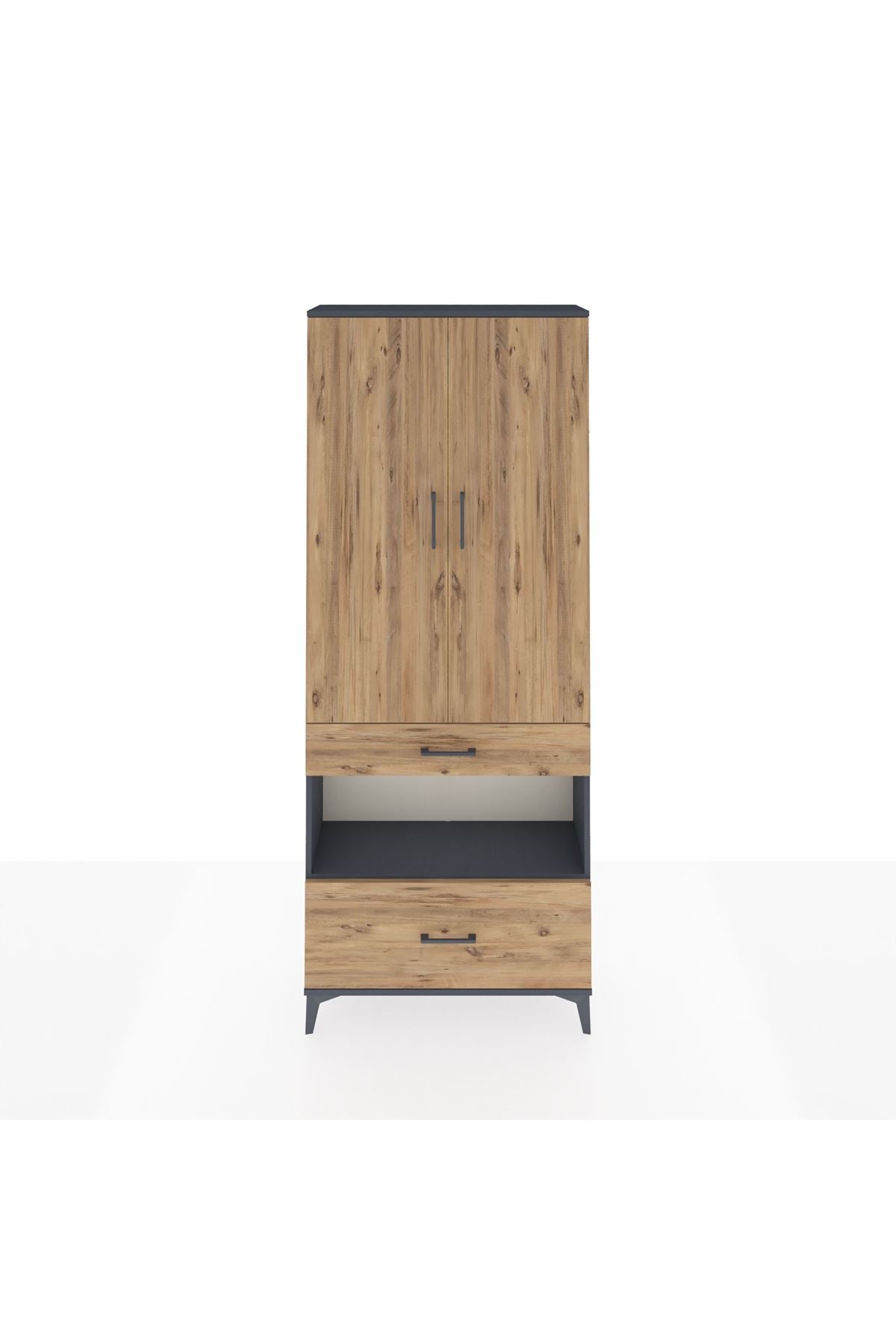 Arges Dolap 3 Raflı 2 Çekmeceli Tek Askılı 88x30x221 Antrasit-Çam