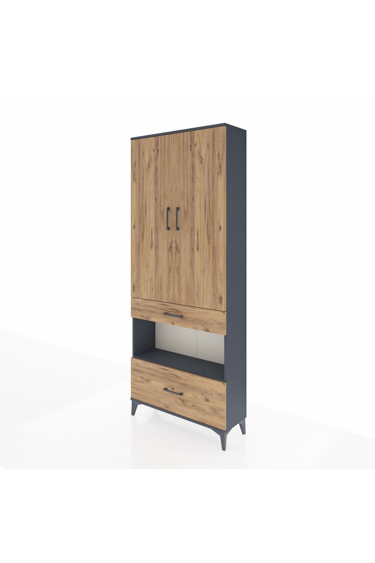 Arges Dolap 3 Raflı 2 Çekmeceli Tek Askılı 88x30x221 Antrasit-Çam