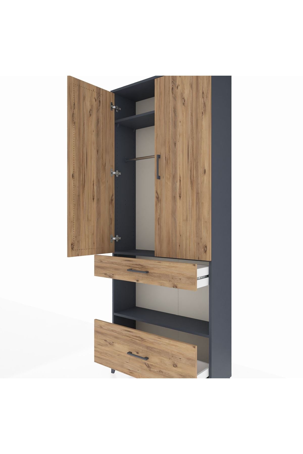 Arges Dolap 3 Raflı 2 Çekmeceli Tek Askılı 88x30x221 Antrasit-Çam