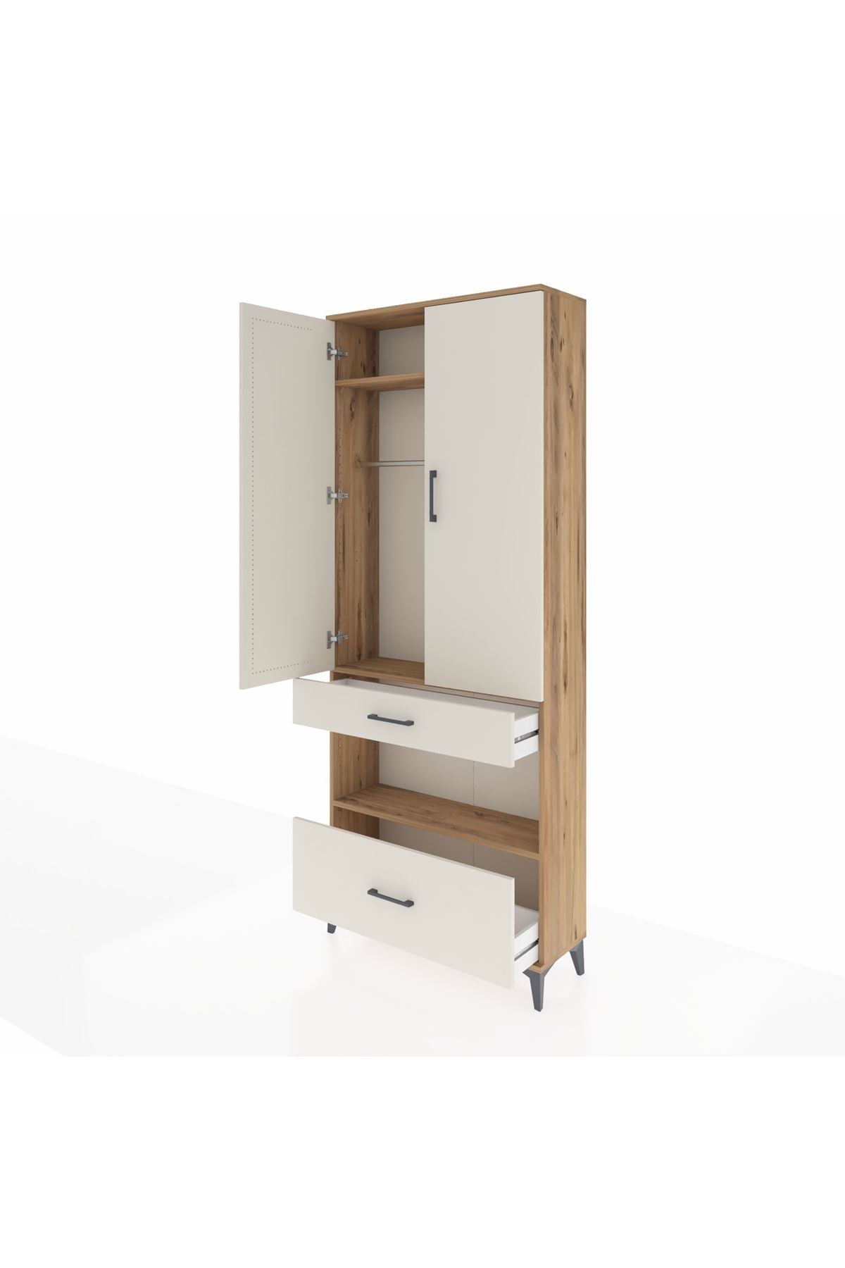 Arges Dolap 3 Raflı 2 Çekmeceli Tek Askılı 88x30x221 Çam-Aytaşı
