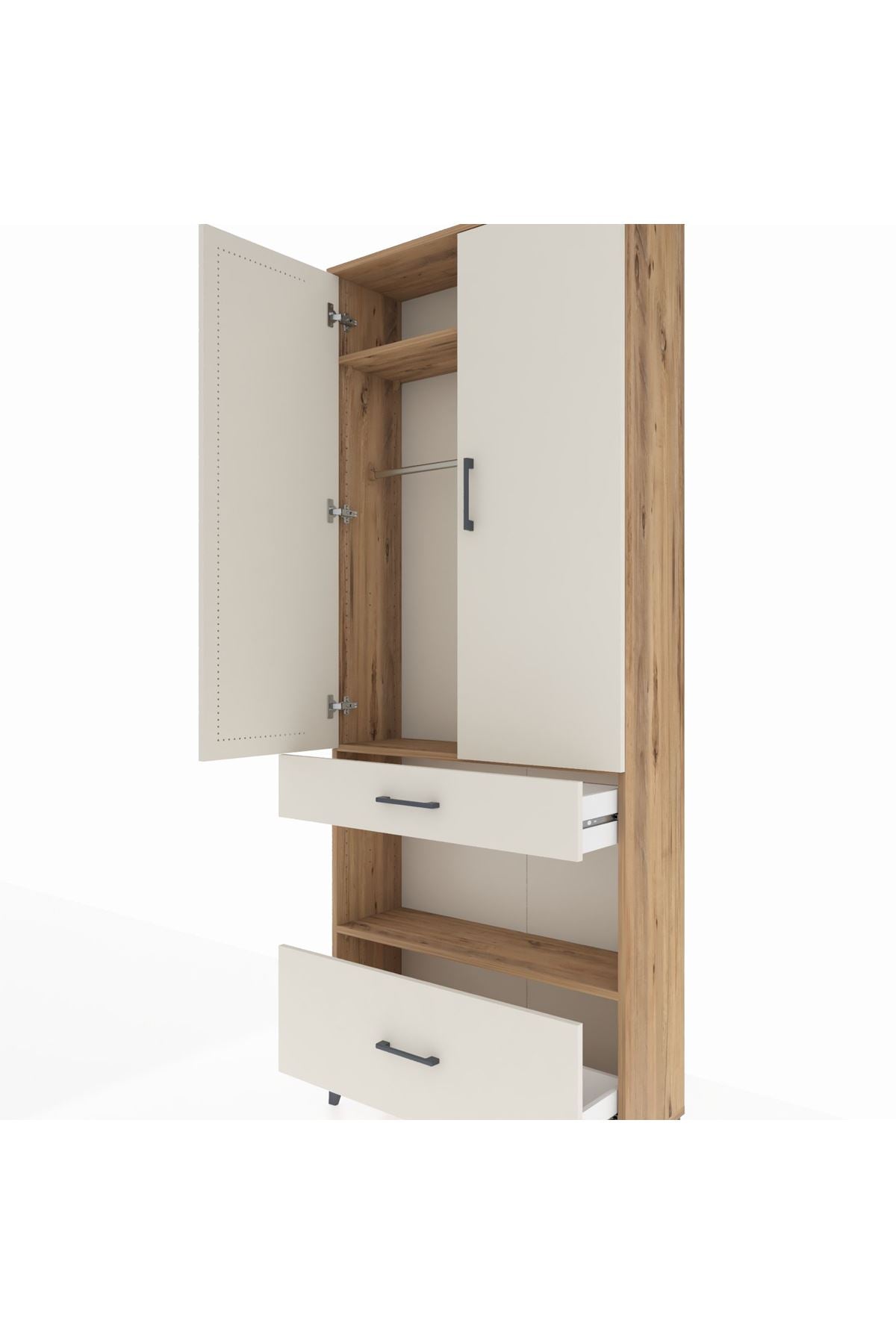 Arges Dolap 3 Raflı 2 Çekmeceli Tek Askılı 88x30x221 Çam-Aytaşı