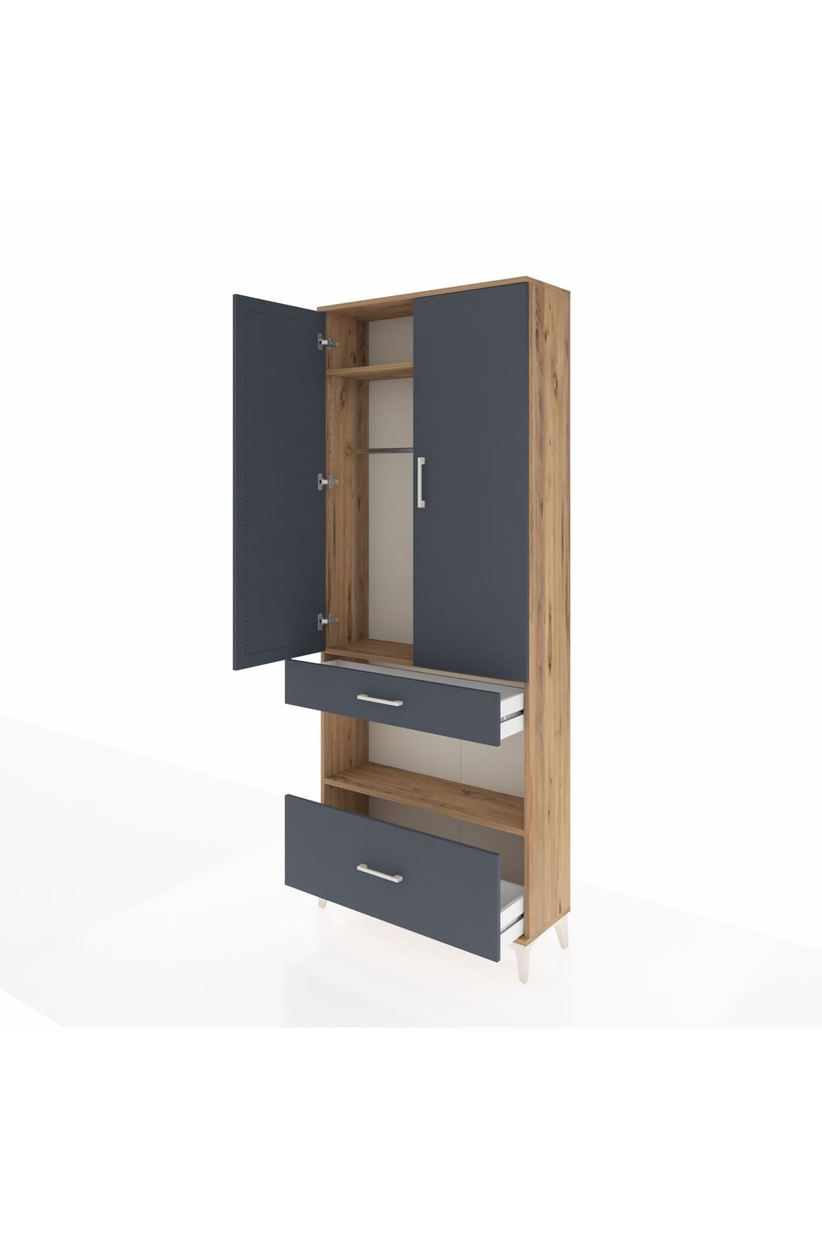 Arges Dolap 3 Raflı 2 Çekmeceli Tek Askılı 88x30x221 Çam-Antrasit