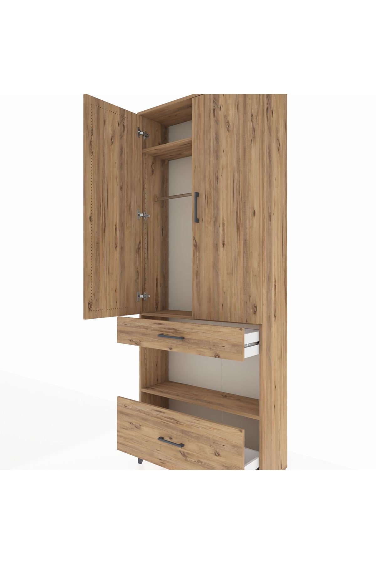 Arges Dolap 3 Raflı 2 Çekmeceli Tek Askılı 88x30x221 Çam-Çam