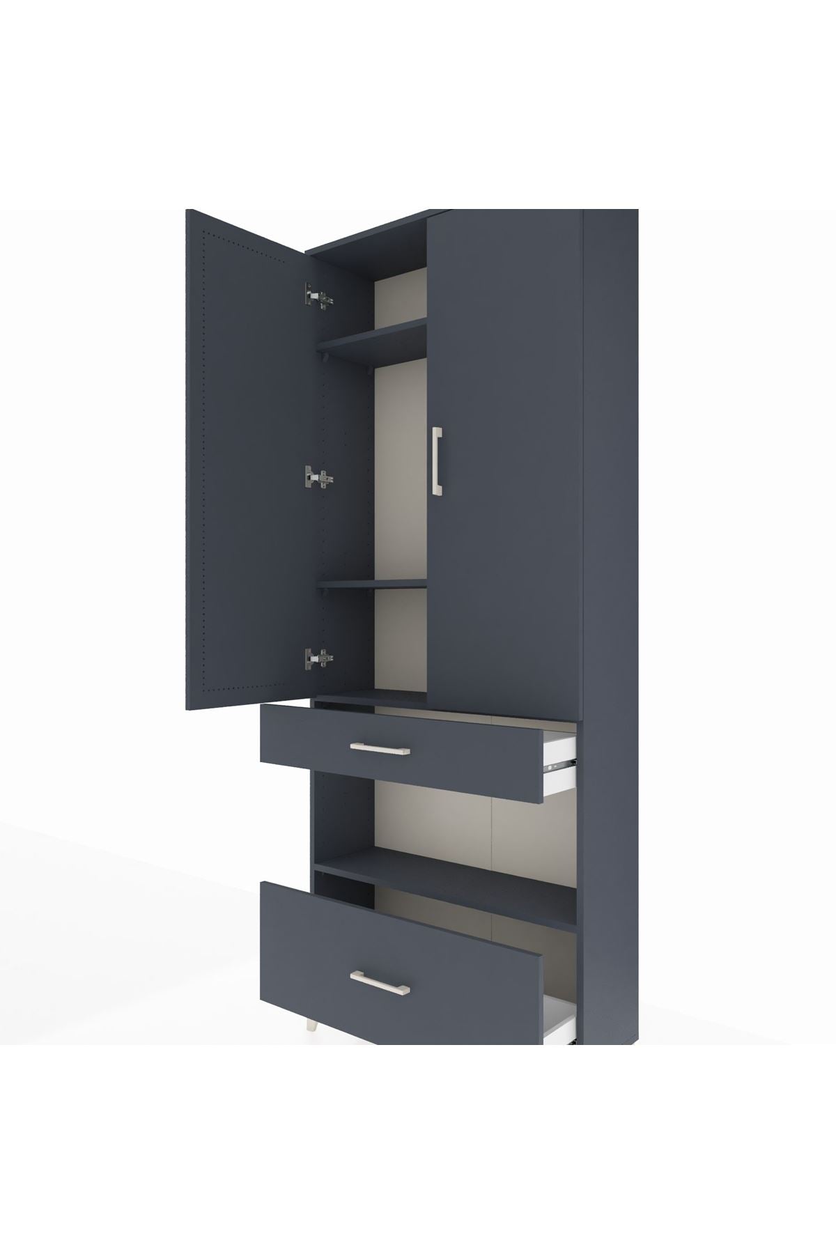 Arges Dolap 4 Raflı 2 Çekmeceli 2 Kapaklı 88x30x221 Antrasit-Antrasit