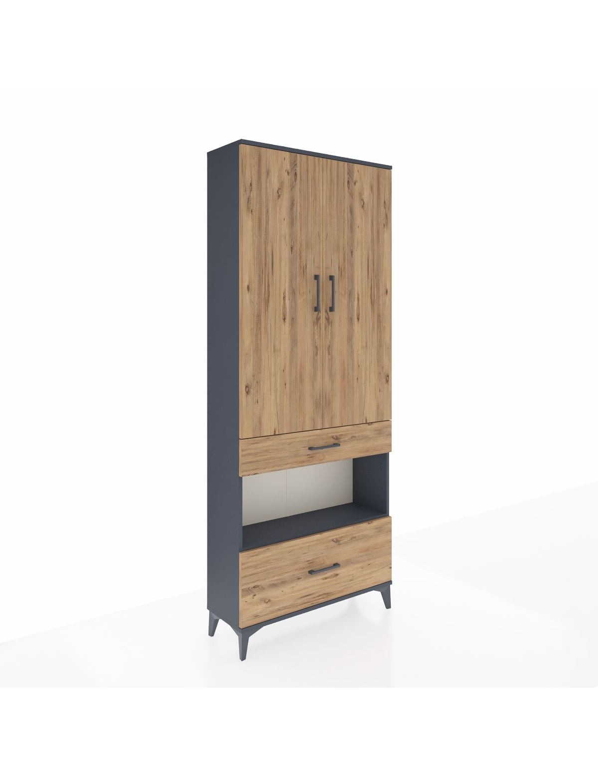 Arges Dolap 4 Raflı 2 Çekmeceli 2 Kapaklı 88x30x221 Antrasit-Çam