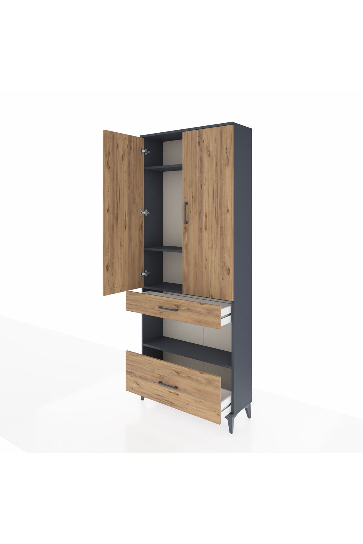 Arges Dolap 4 Raflı 2 Çekmeceli 2 Kapaklı 88x30x221 Antrasit-Çam