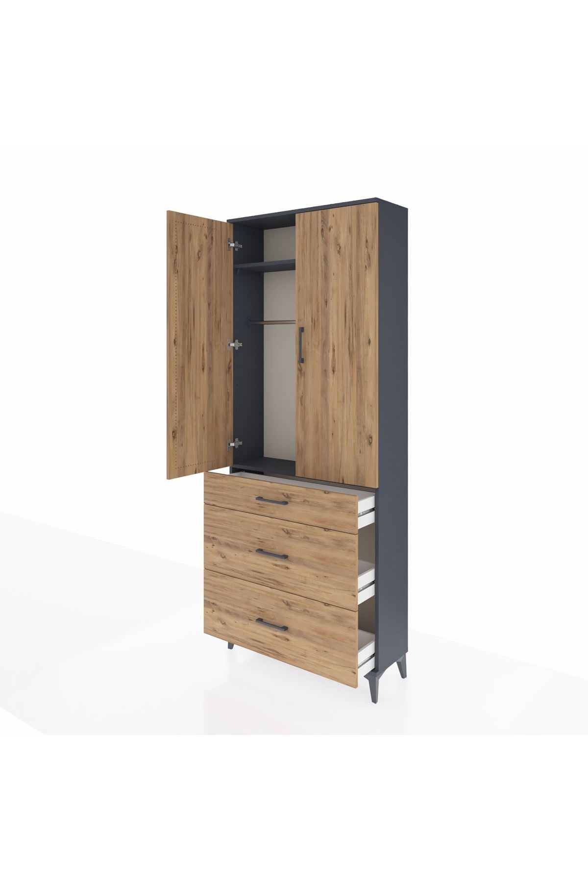 Arges Dolap 2 Raflı 3 Çekmeceli Tek Askılı 88x30x221 Antrasit-Çam