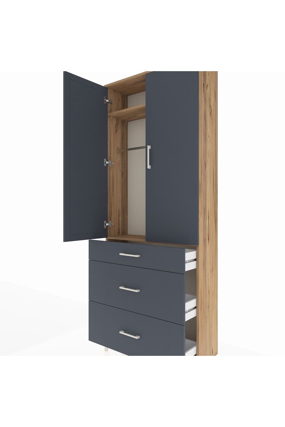 Arges Dolap 2 Raflı 3 Çekmeceli Tek Askılı 88x30x221 Çam-Antrasit