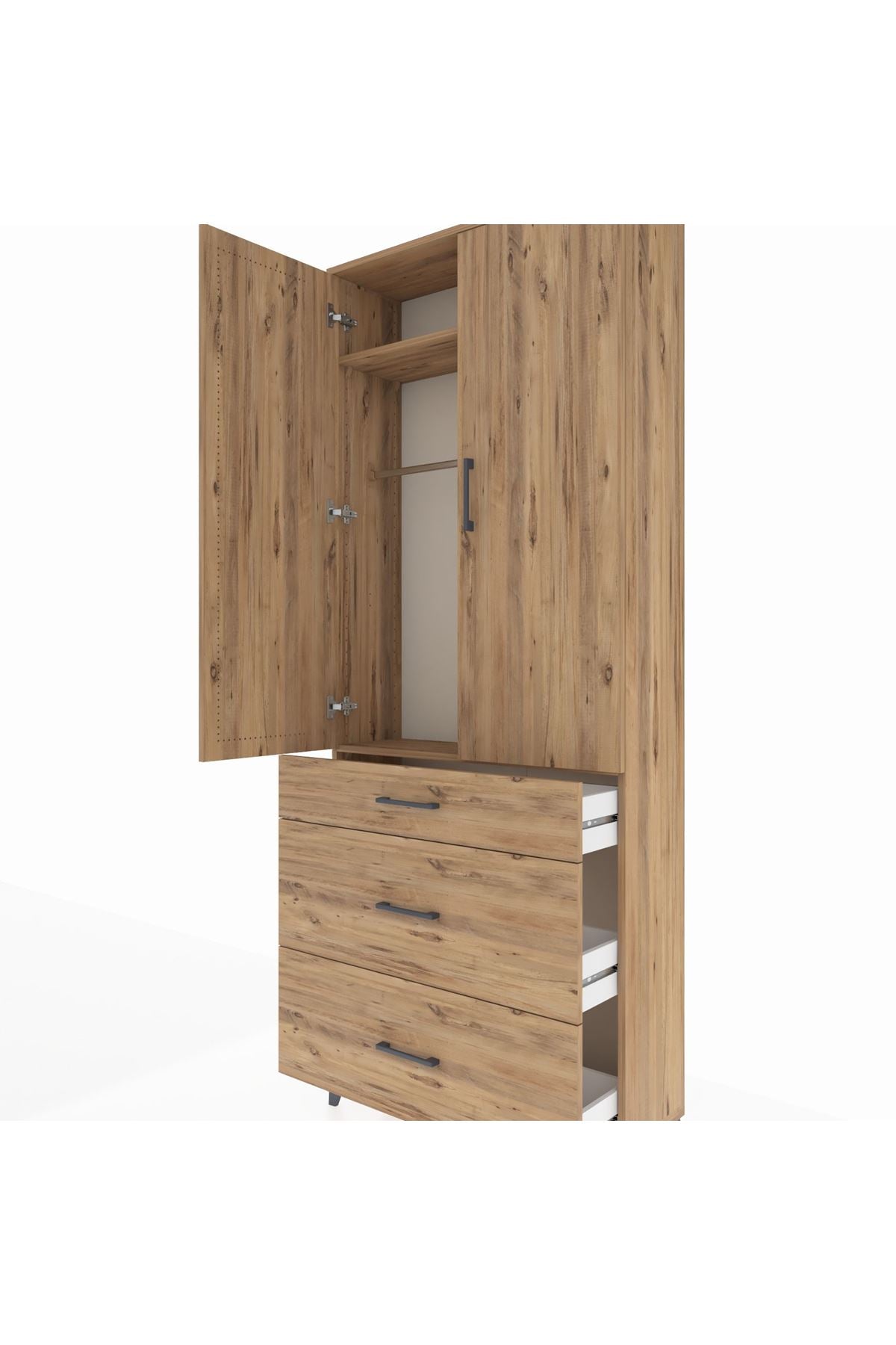 Arges Dolap 2 Raflı 3 Çekmeceli Tek Askılı 88x30x221 Çam-Çam