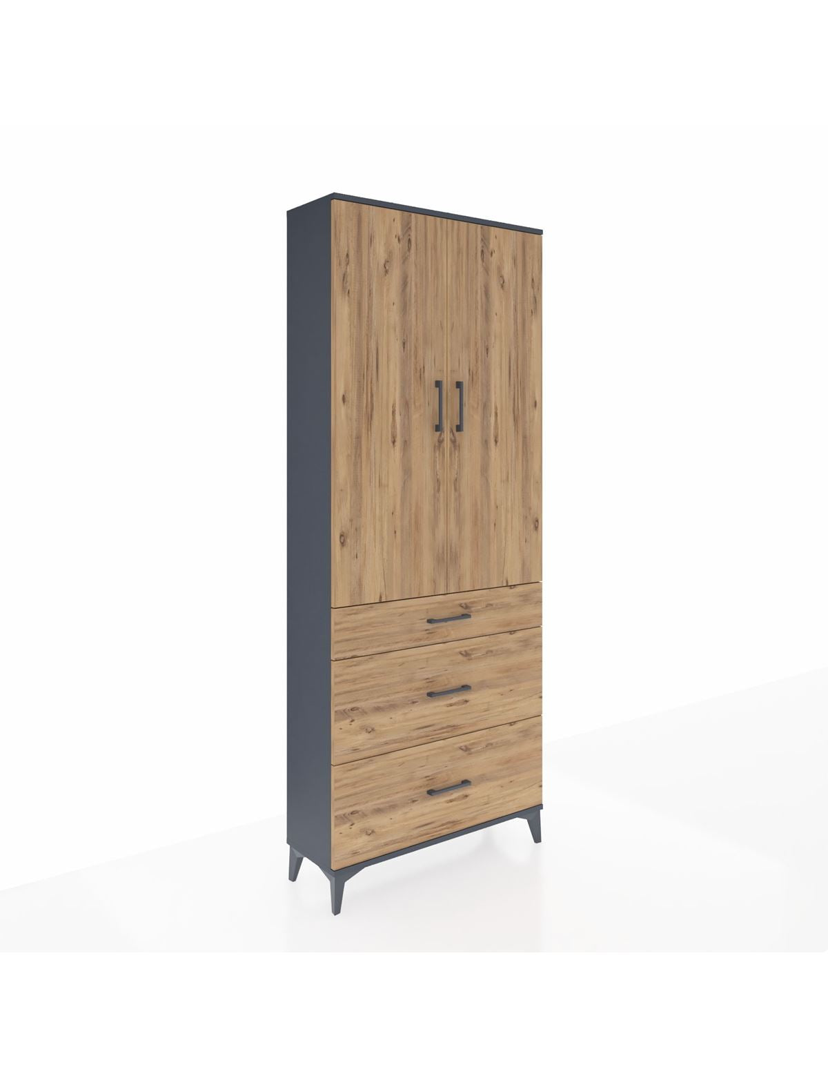 Arges Dolap 3 Raflı 3 Çekmeceli 2 Kapaklı 88x30x221 Antrasit-Çam