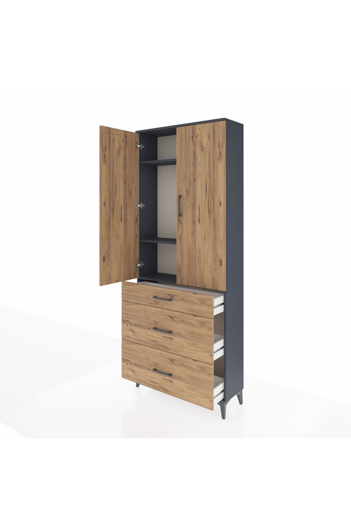 Arges Dolap 3 Raflı 3 Çekmeceli 2 Kapaklı 88x30x221 Antrasit-Çam