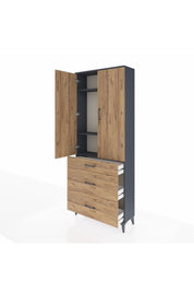 Arges Dolap 3 Raflı 3 Çekmeceli 2 Kapaklı 88x30x221 Antrasit-Çam