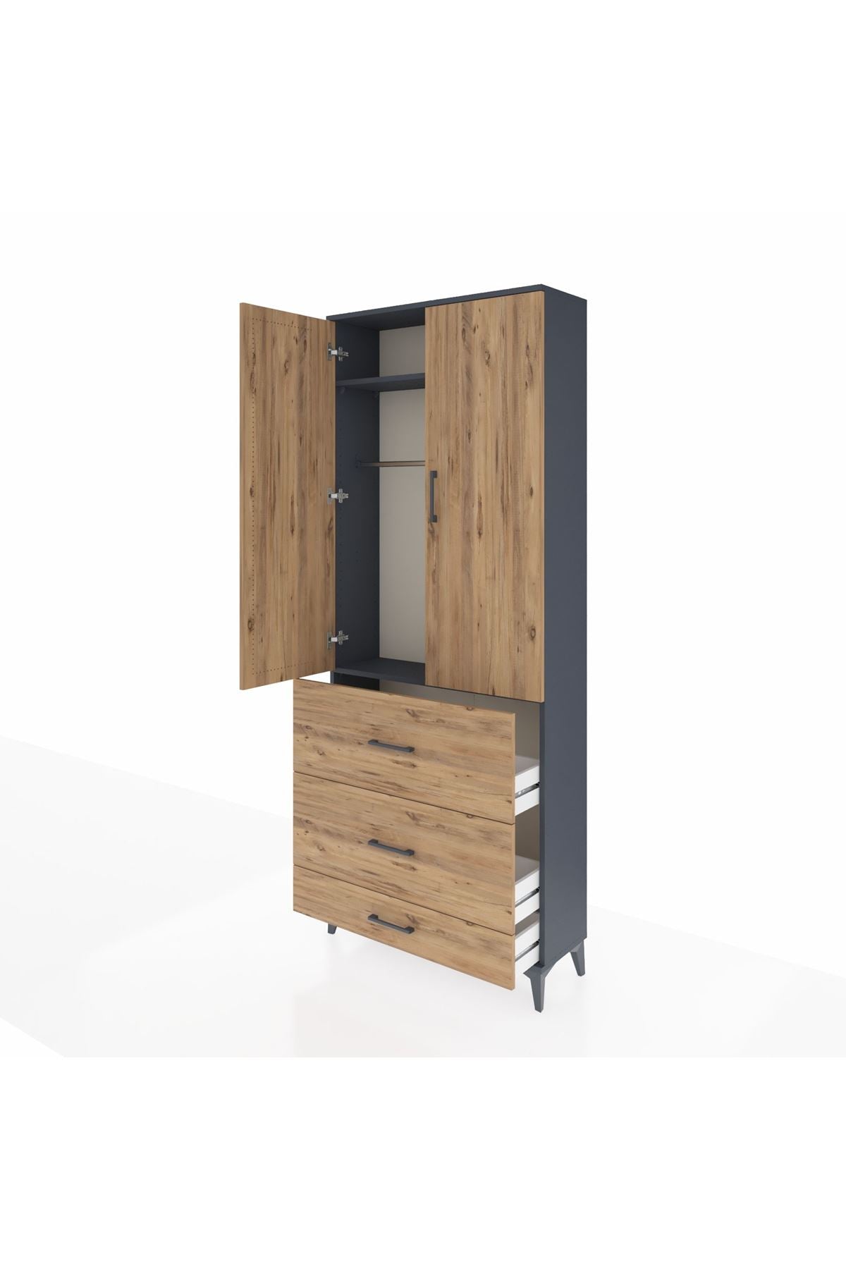 Arges Dolap 2 Raflı 3 Çekmeceli Tek Askılı 88x30x221 Antrasit-Çam