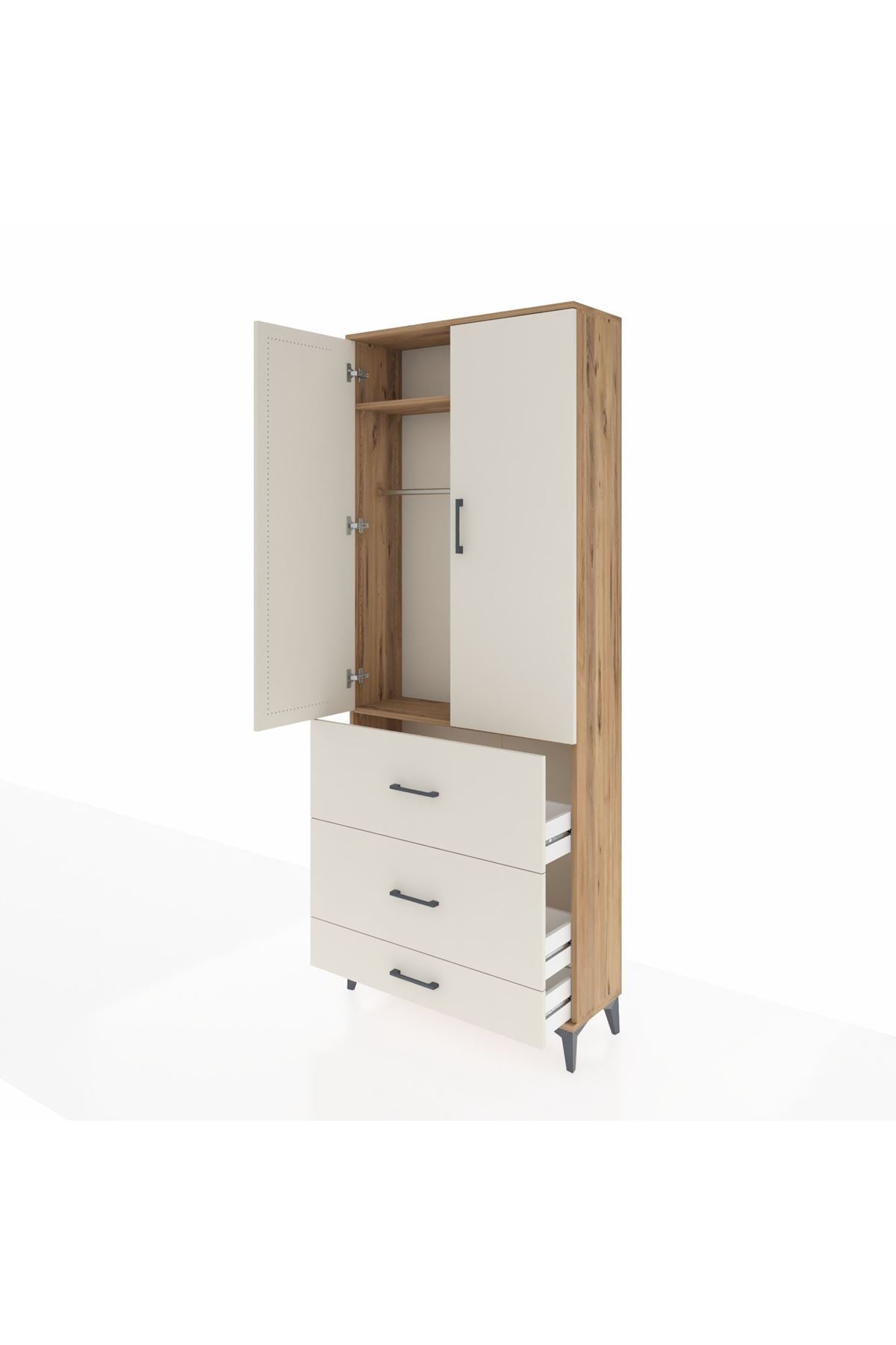 Arges Dolap 2 Raflı 3 Çekmeceli Tek Askılı 88x30x221 Çam-Aytaşı