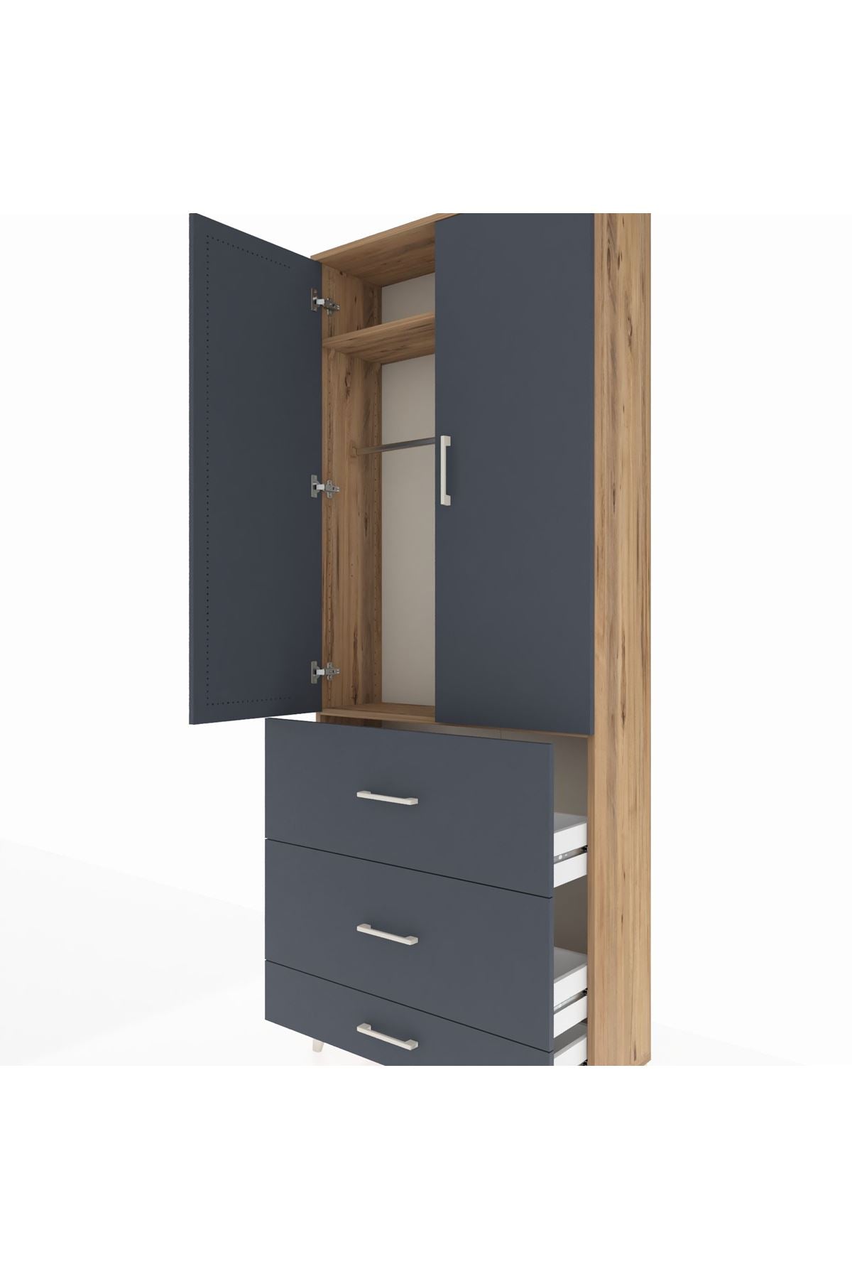 Arges Dolap 2 Raflı 3 Çekmeceli Tek Askılı 88x30x221 Çam-Antrasit