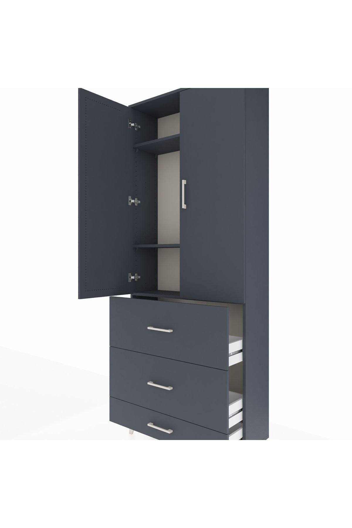 Arges Dolap 3 Raflı 3 Çekmeceli 2 Kapaklı 88x30x221 Antrasit-Antrasit