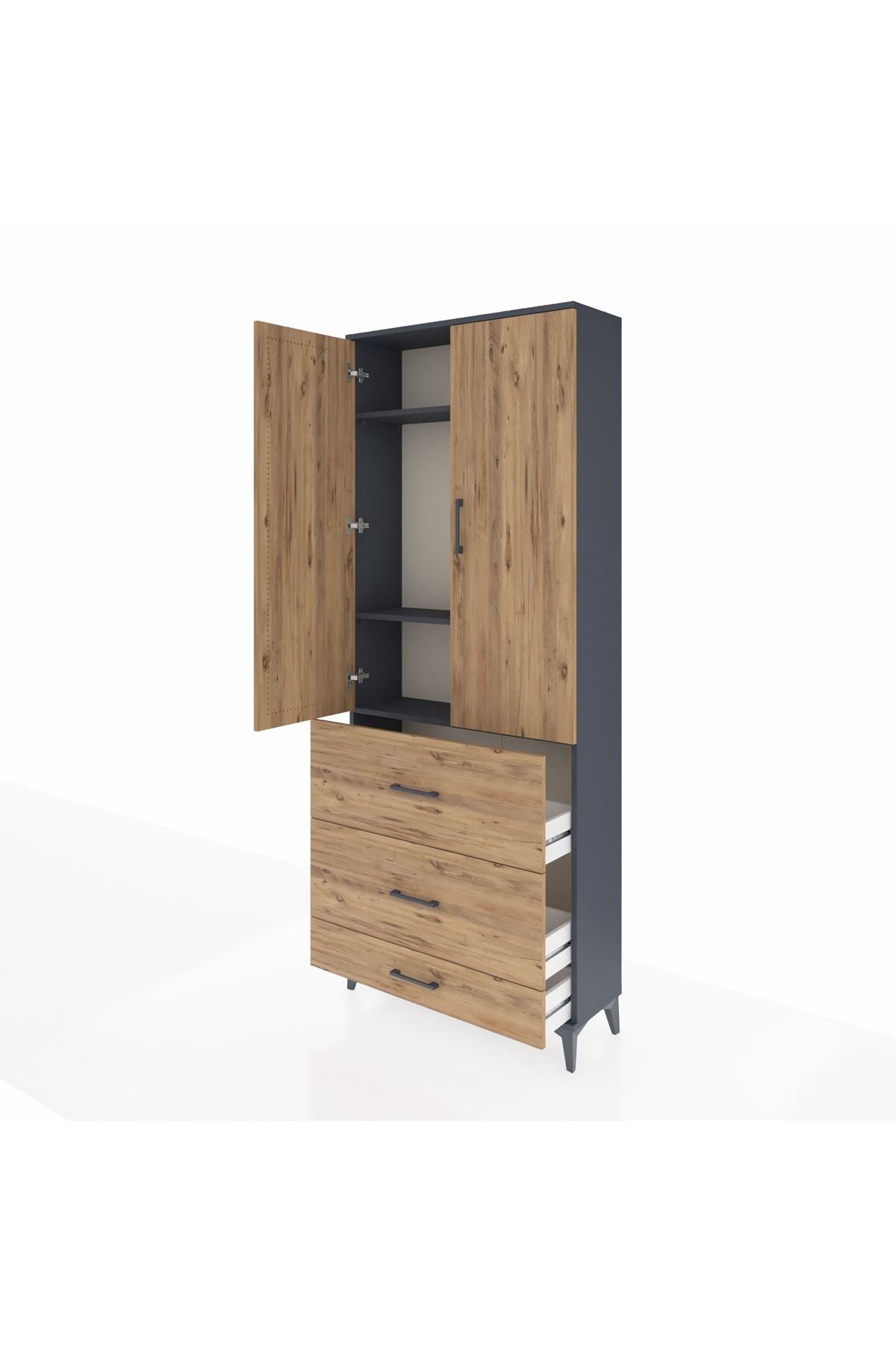 Arges Dolap 3 Raflı 3 Çekmeceli 2 Kapaklı 88x30x221 Antrasit-Çam
