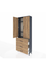 Arges Dolap 3 Raflı 3 Çekmeceli 2 Kapaklı 88x30x221 Antrasit-Çam