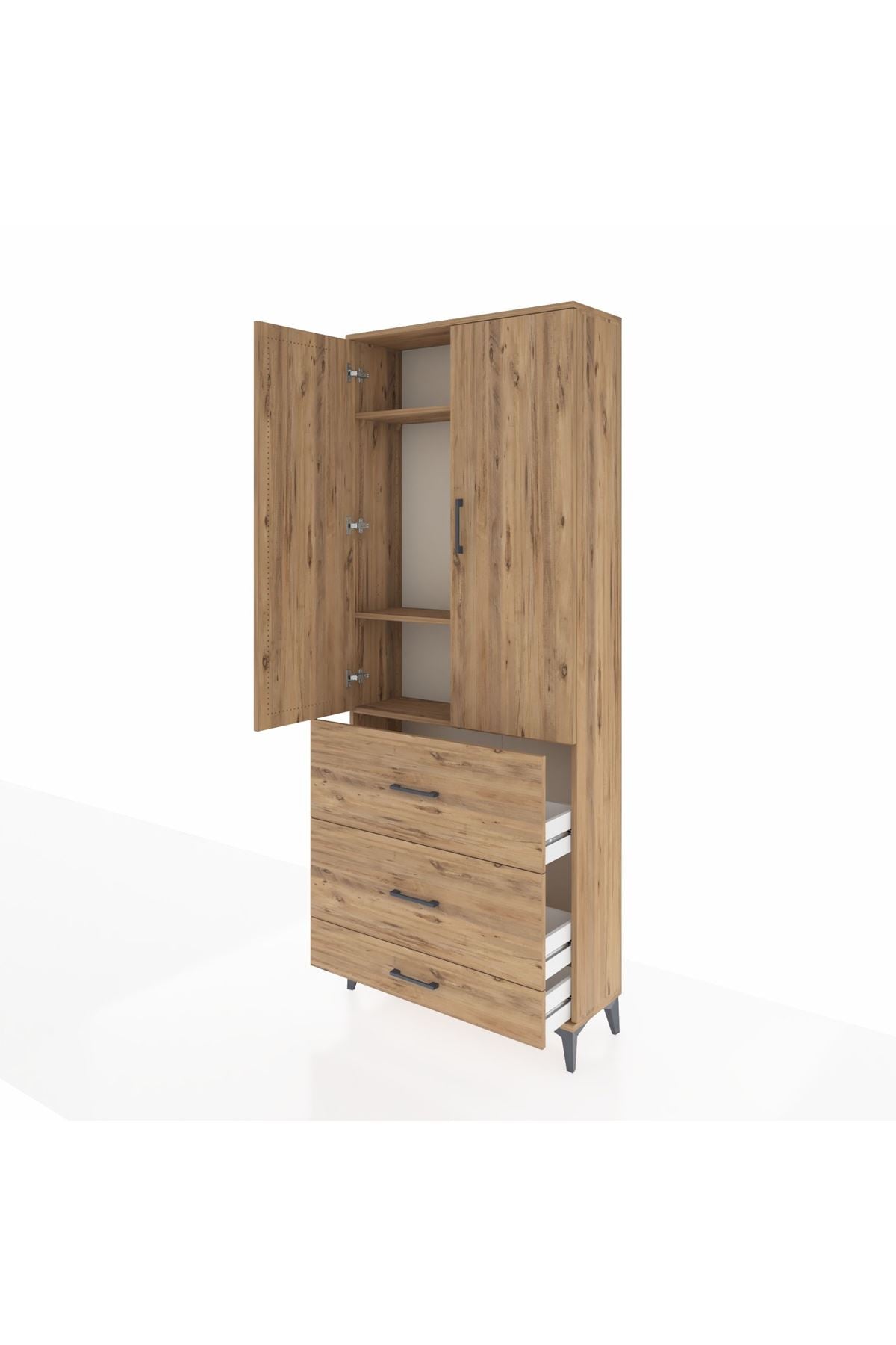 Arges Dolap 3 Raflı 3 Çekmeceli 2 Kapaklı 88x30x221 Çam-Çam