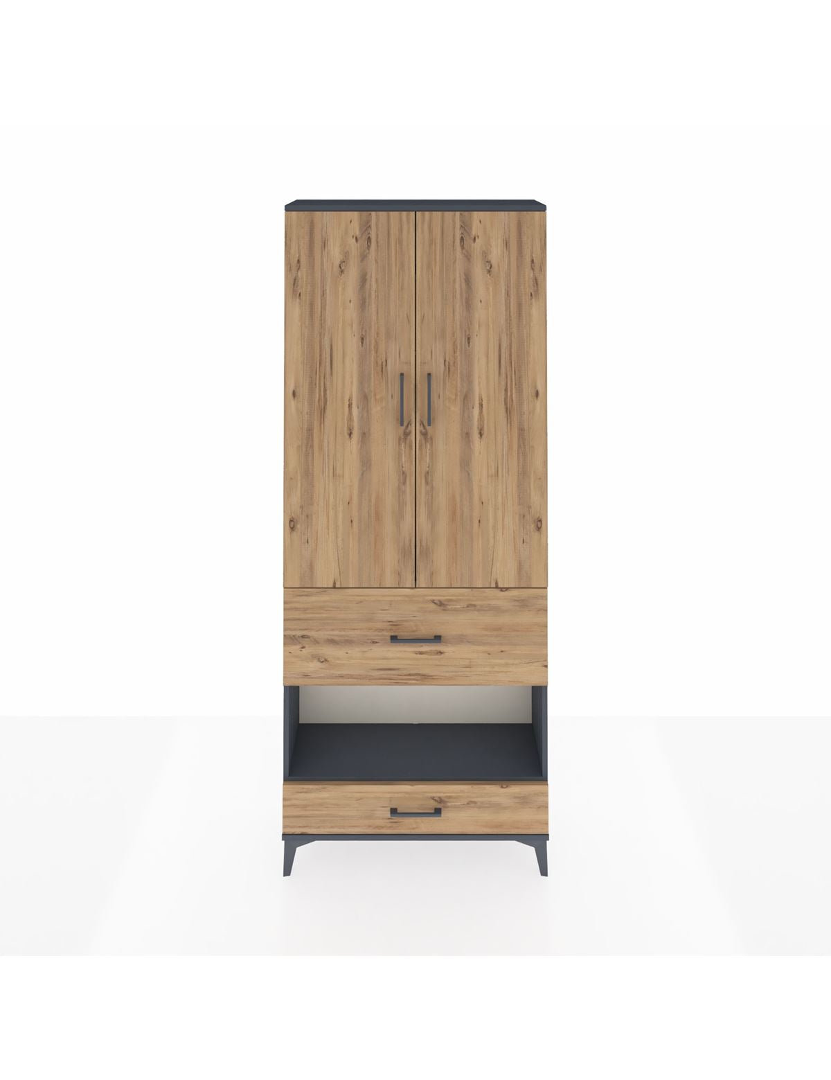 Arges Dolap 3 Raflı 2 Çekmeceli Tek Askılı 88x30x221 Antrasit-Çam