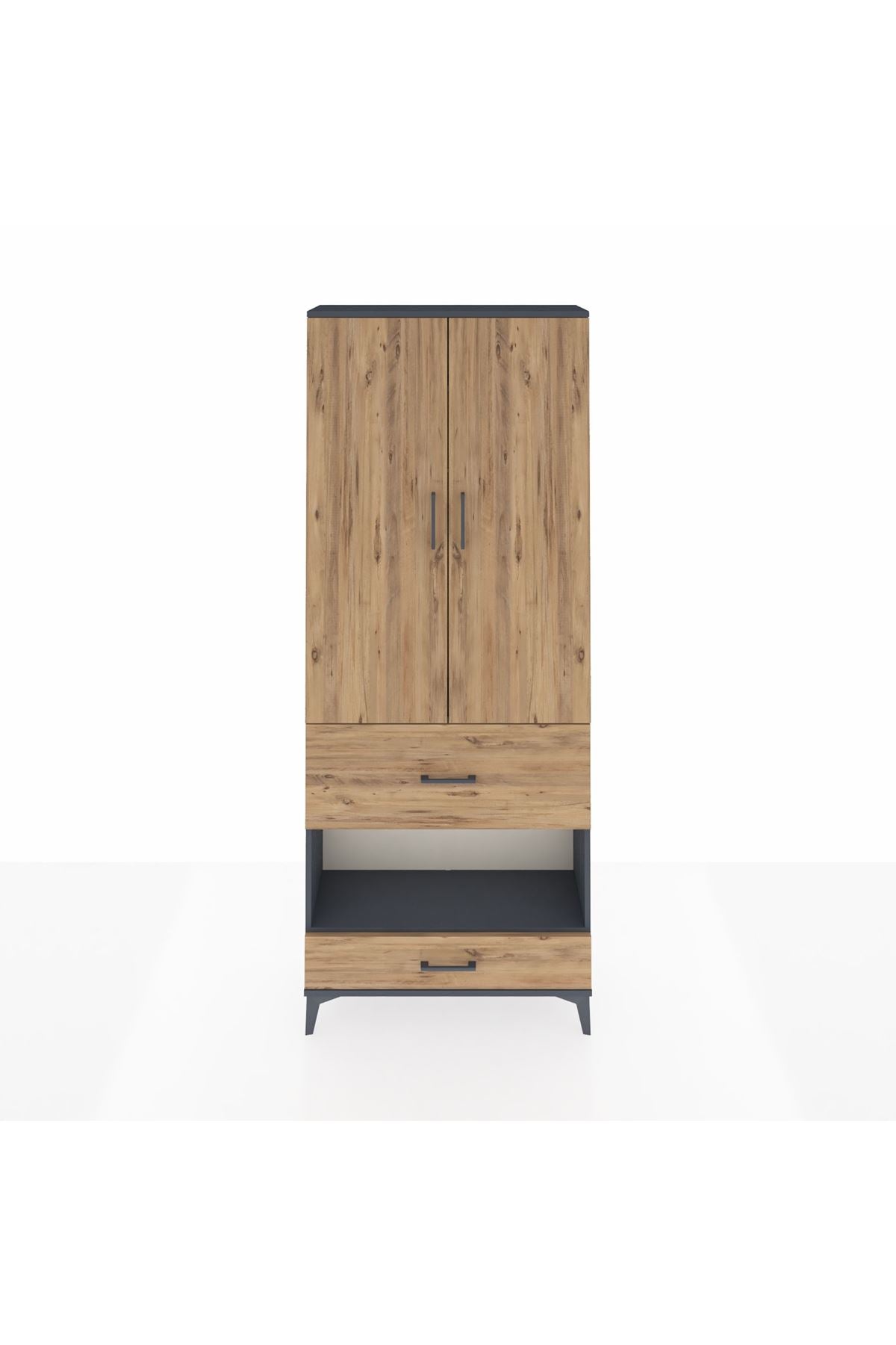 Arges Dolap 3 Raflı 2 Çekmeceli Tek Askılı 88x30x221 Antrasit-Çam