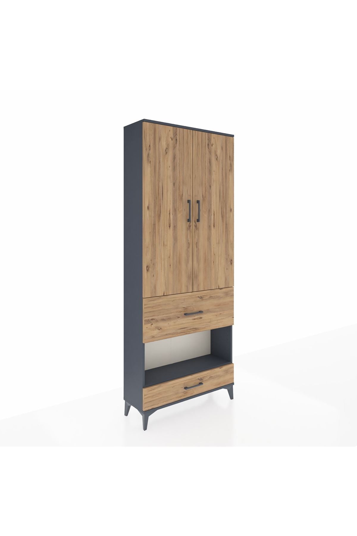 Arges Dolap 3 Raflı 2 Çekmeceli Tek Askılı 88x30x221 Antrasit-Çam