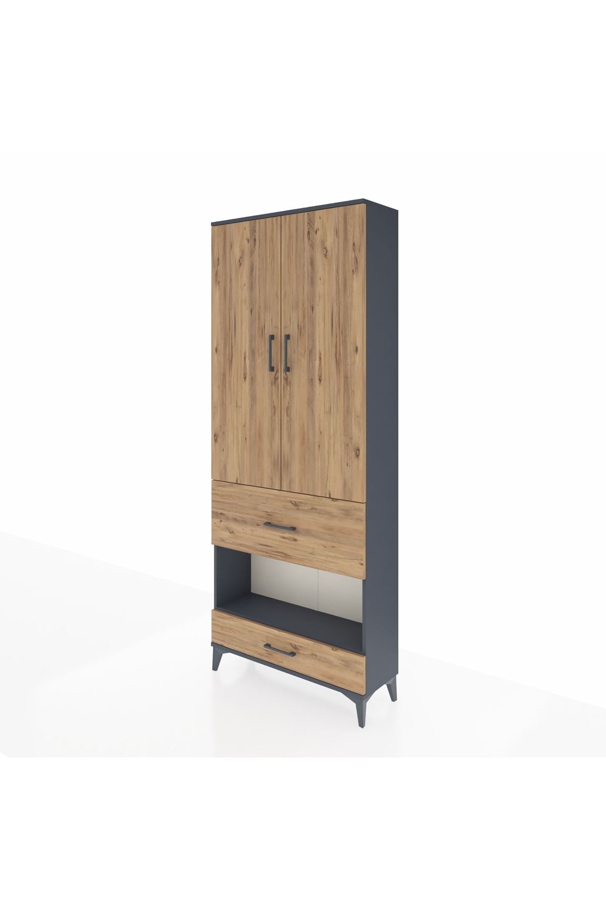 Arges Dolap 3 Raflı 2 Çekmeceli Tek Askılı 88x30x221 Antrasit-Çam