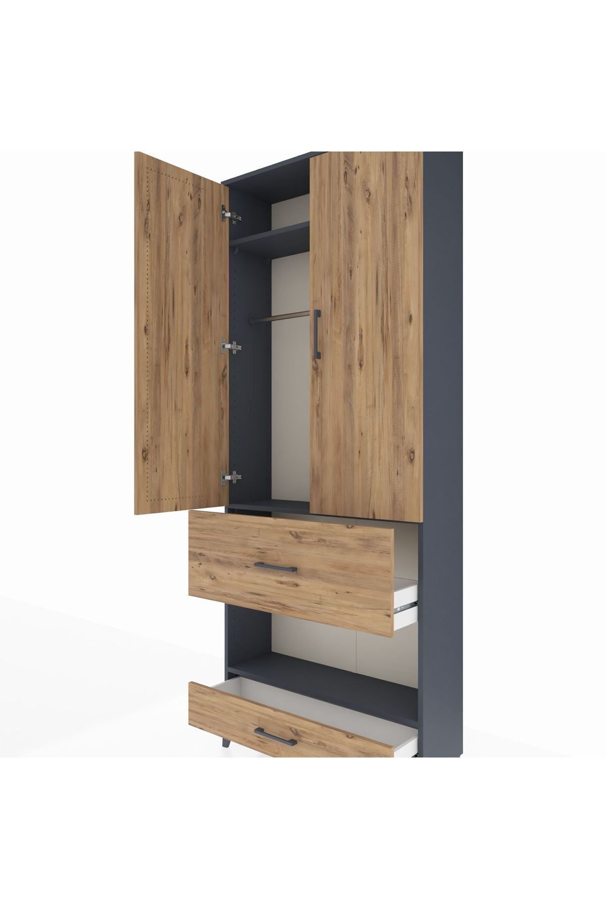 Arges Dolap 3 Raflı 2 Çekmeceli Tek Askılı 88x30x221 Antrasit-Çam