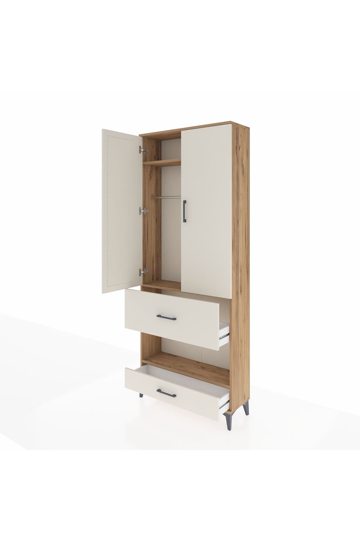 Arges Dolap 3 Raflı 2 Çekmeceli Tek Askılı 88x30x221 Çam-Aytaşı