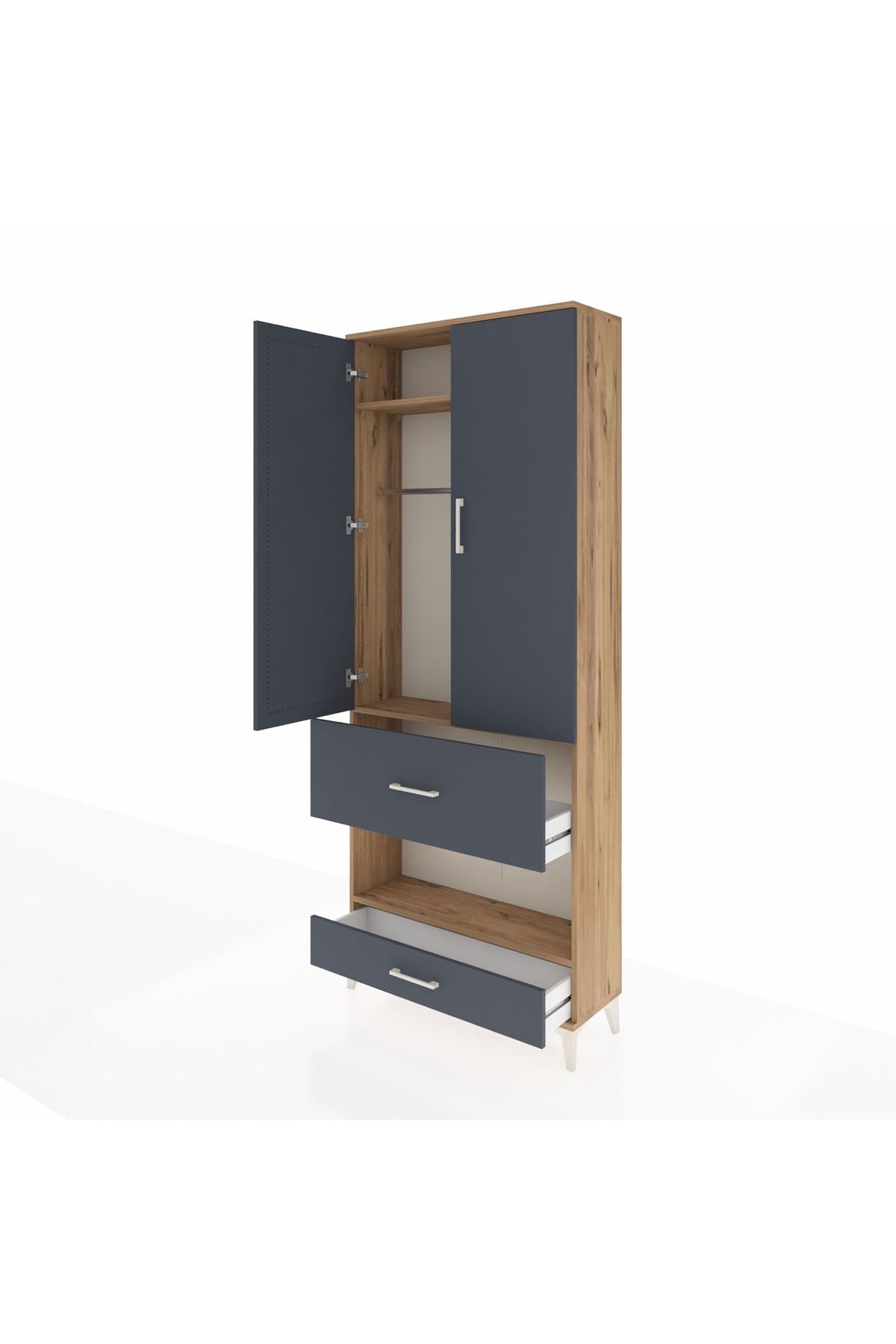 Arges Dolap 3 Raflı 2 Çekmeceli Tek Askılı 88x30x221 Çam-Antrasit