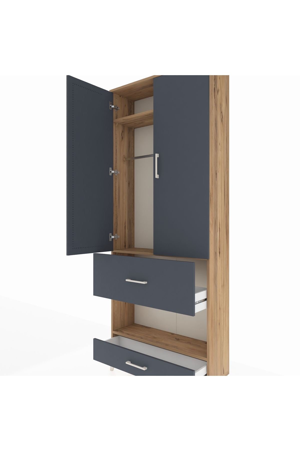 Arges Dolap 3 Raflı 2 Çekmeceli Tek Askılı 88x30x221 Çam-Antrasit