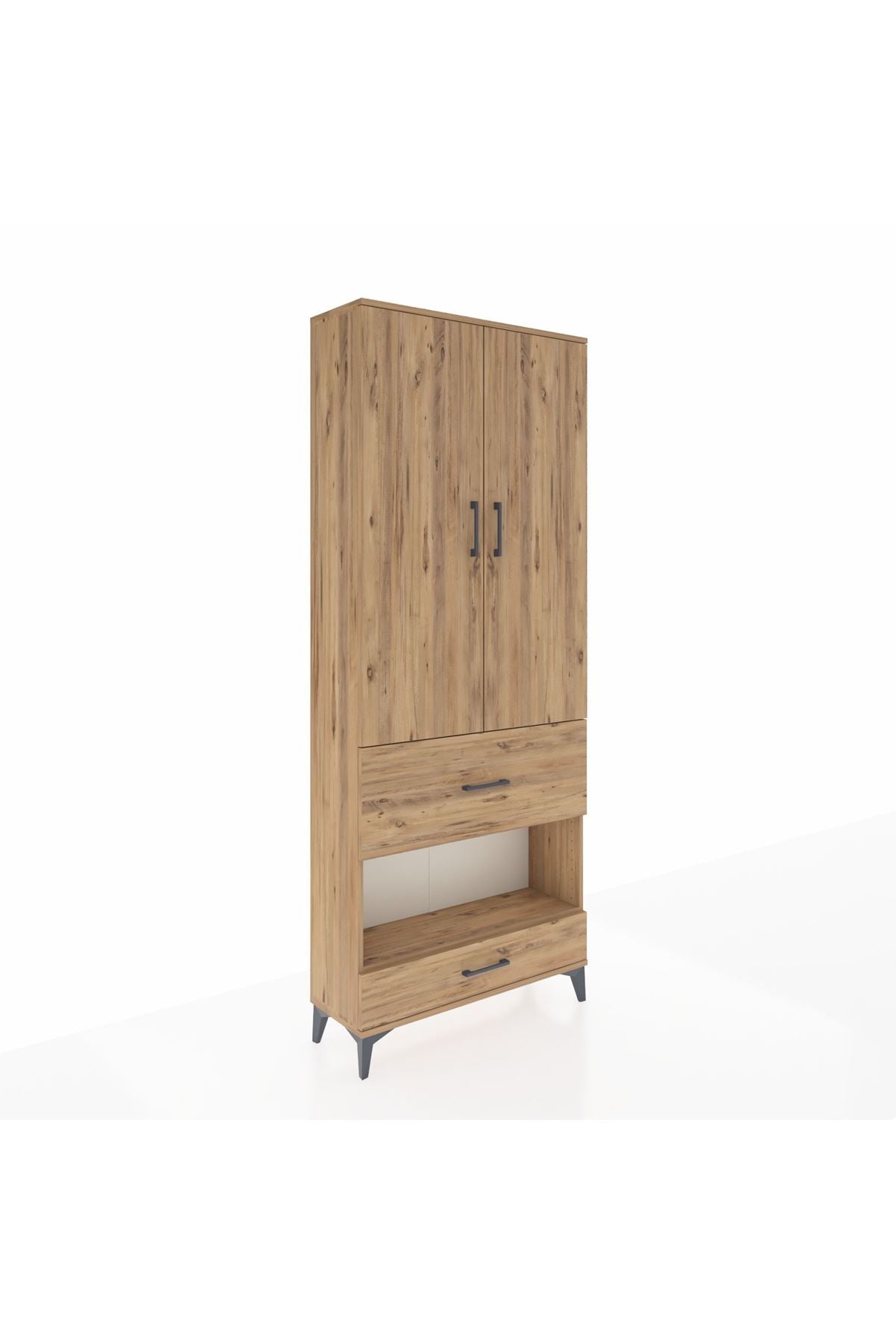 Arges Dolap 3 Raflı 2 Çekmeceli Tek Askılı 88x30x221 Çam-Çam