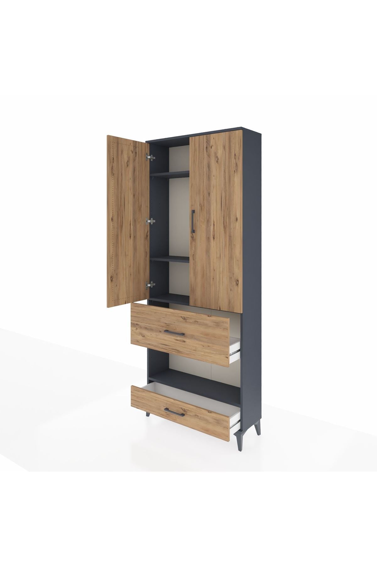 Arges Dolap 4 Raflı 2 Çekmeceli 2 Kapaklı 88x30x221 Antrasit-Çam