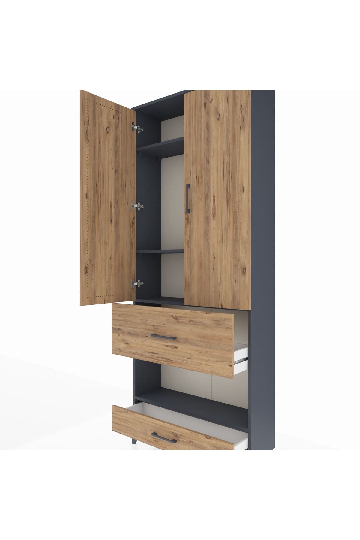 Arges Dolap 4 Raflı 2 Çekmeceli 2 Kapaklı 88x30x221 Antrasit-Çam