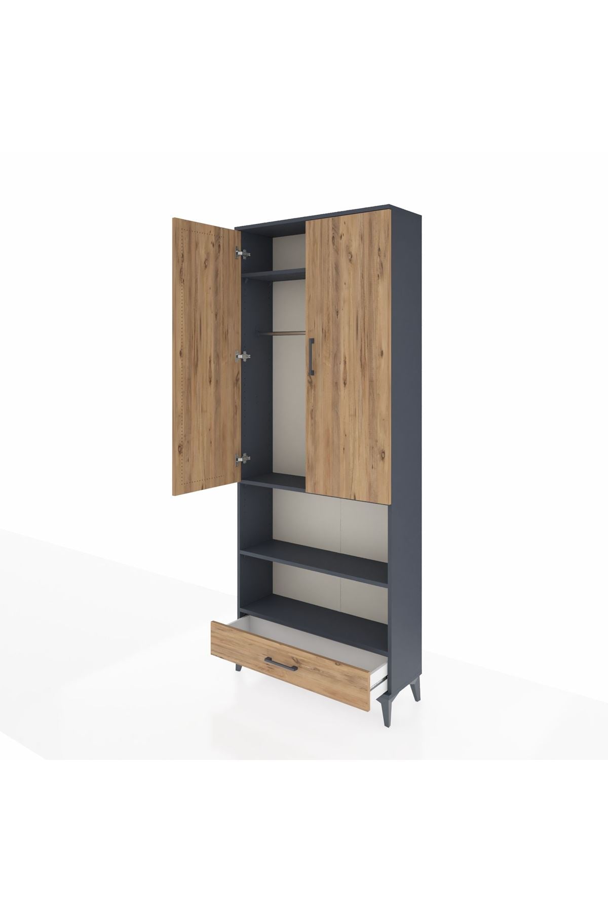 Arges Dolap 4 Raflı Tek Çekmeceli Tek Askılı 88x30x221 Antrasit-Çam