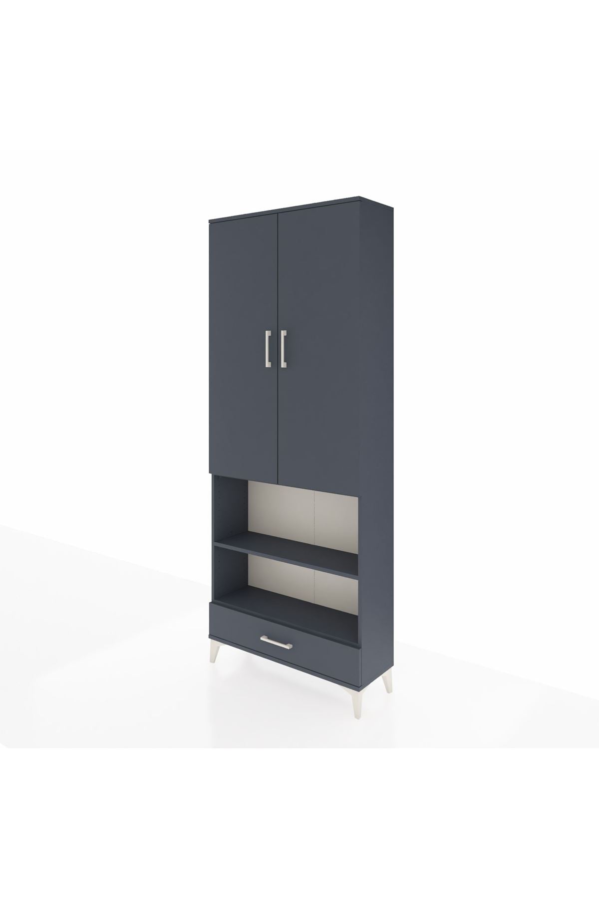 Arges Dolap 5 Raflı Tek Çekmeceli 2 Kapaklı 88x30x221 Antrasit-Antrasit