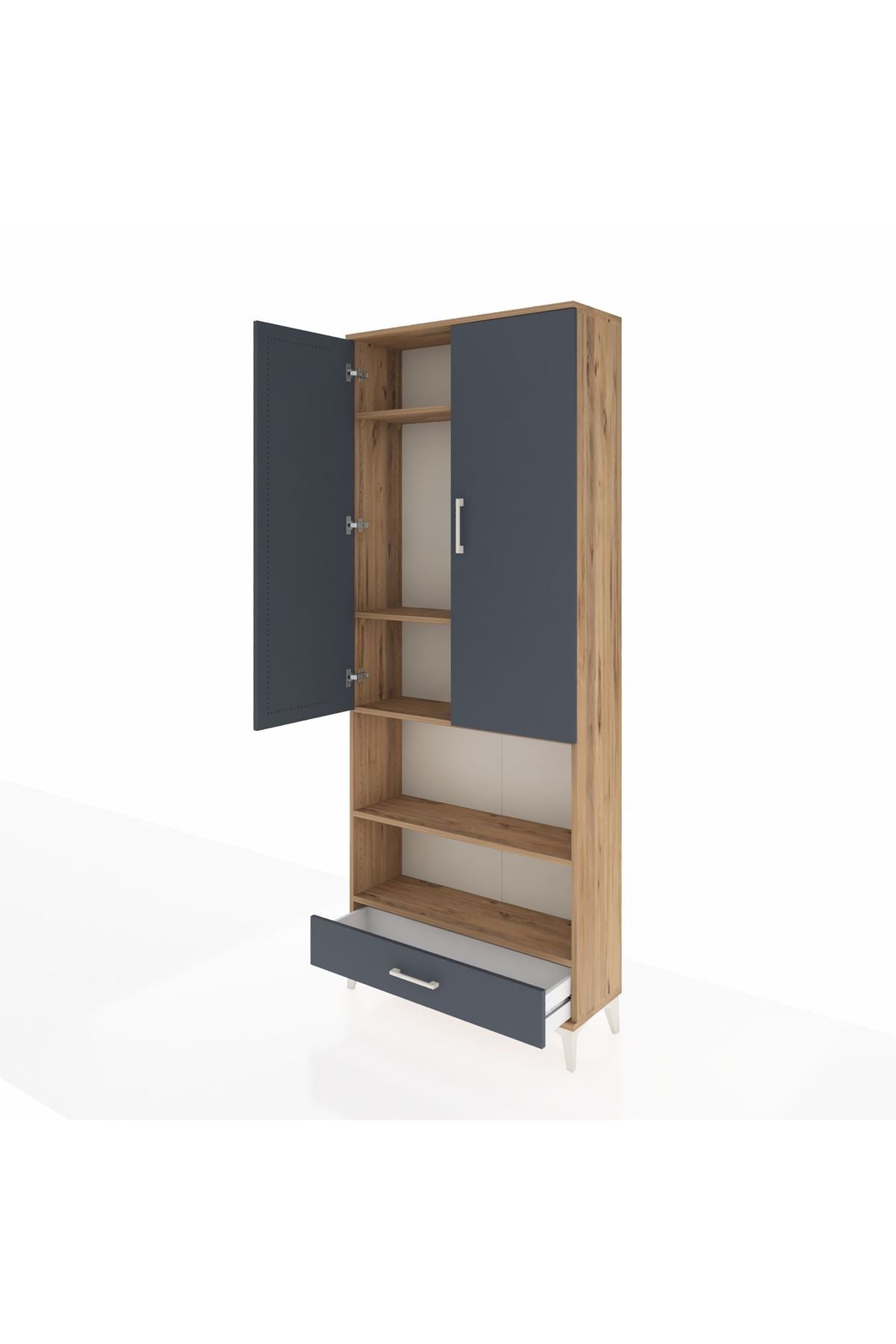 Arges Dolap 5 Raflı Tek Çekmeceli 2 Kapaklı 88x30x221 Çam-Antrasit