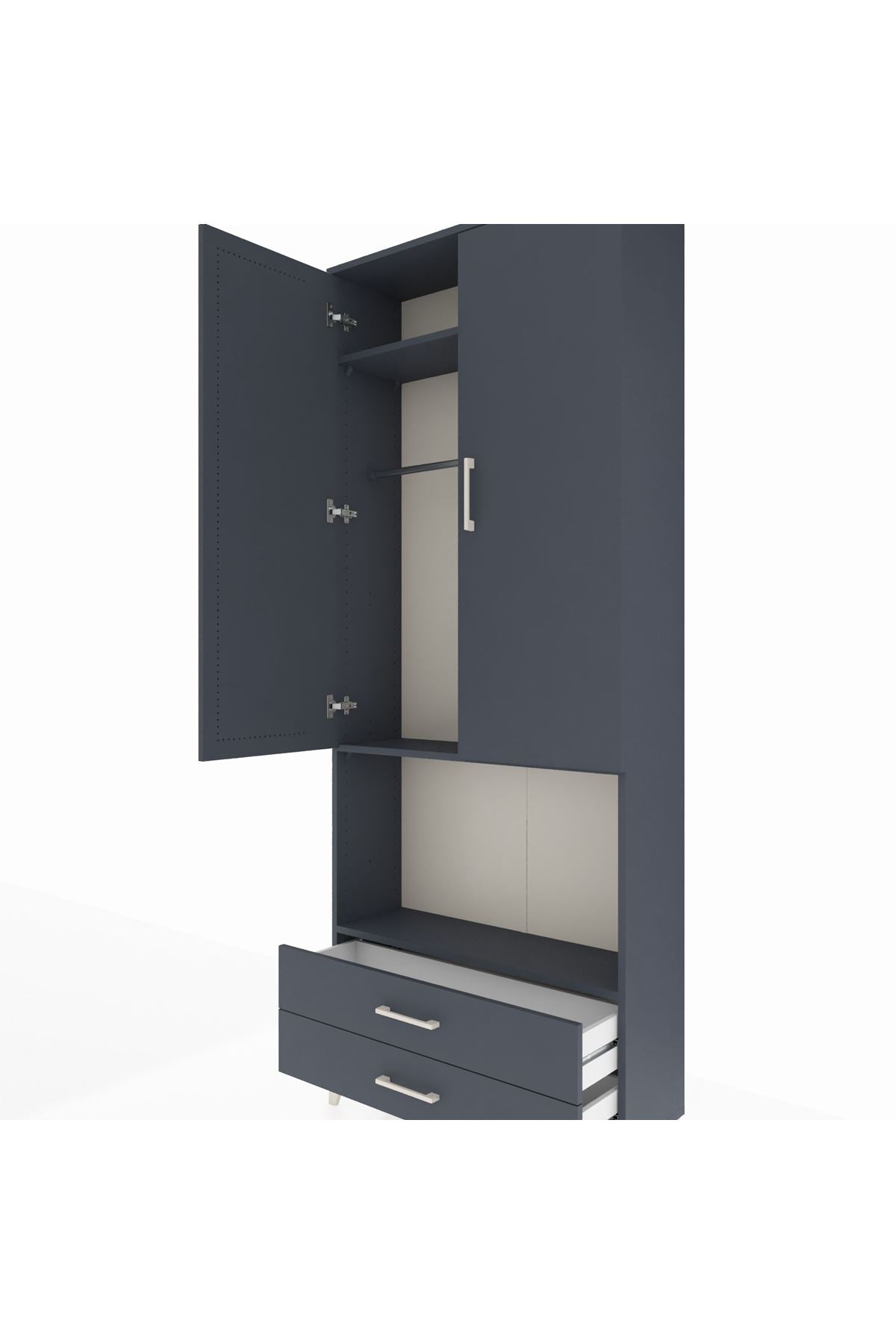 Arges Dolap 3 Raflı 2 Çekmeceli Tek Askılı 88x30x221 Antrasit-Antrasit