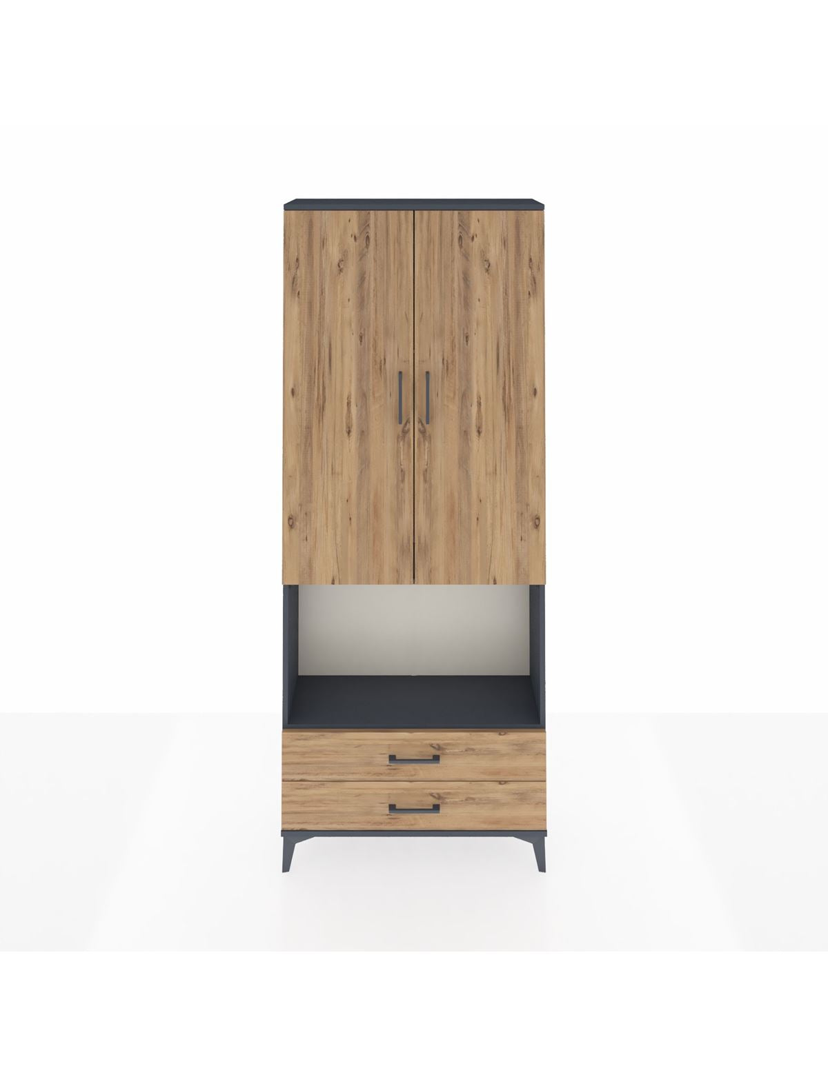 Arges Dolap 3 Raflı 2 Çekmeceli Tek Askılı 88x30x221 Antrasit-Çam