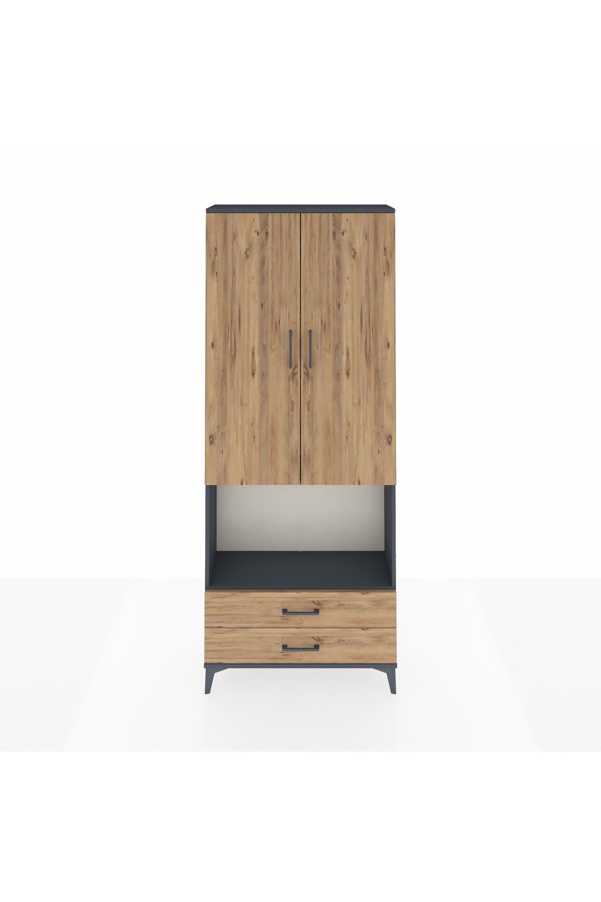 Arges Dolap 3 Raflı 2 Çekmeceli Tek Askılı 88x30x221 Antrasit-Çam