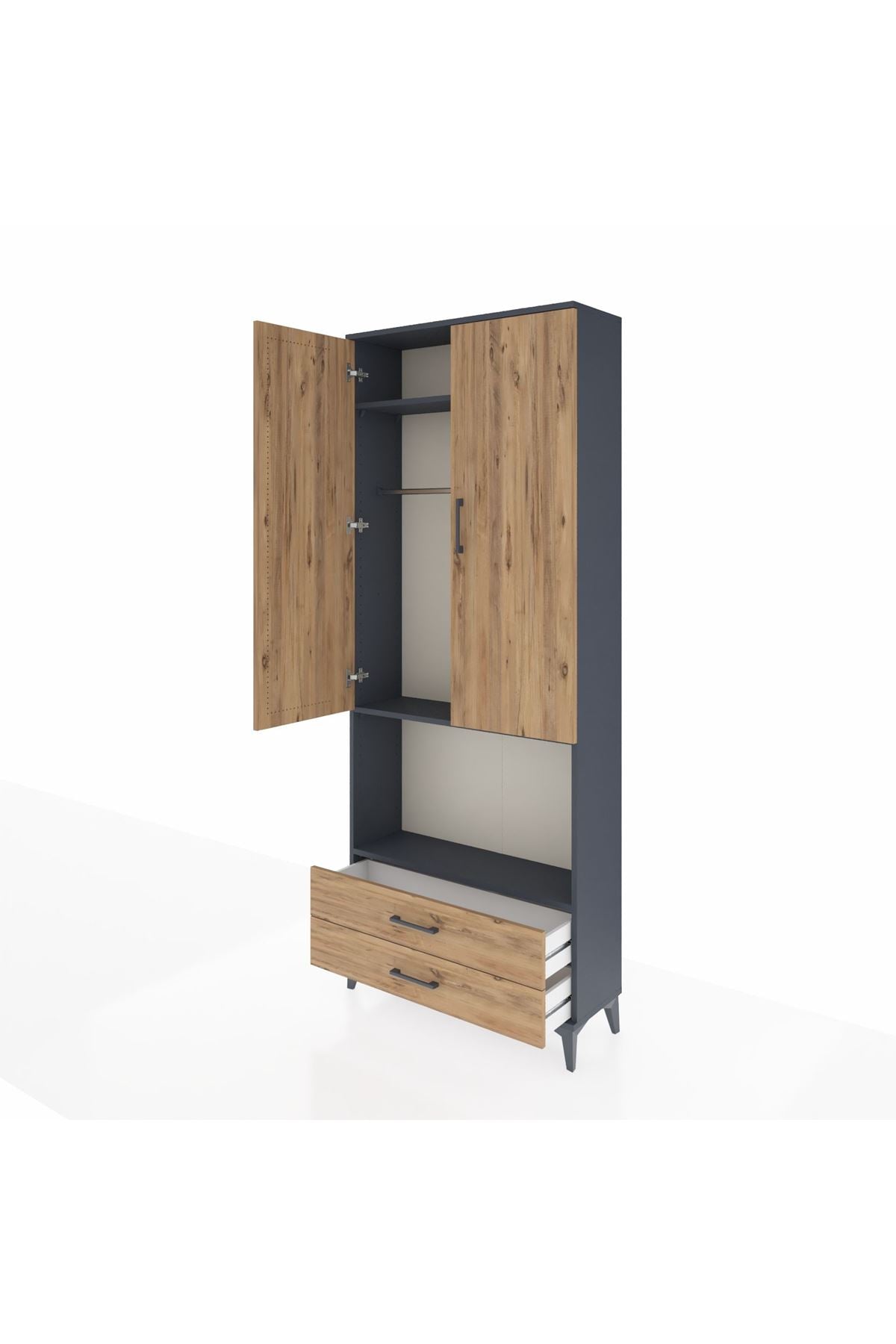 Arges Dolap 3 Raflı 2 Çekmeceli Tek Askılı 88x30x221 Antrasit-Çam