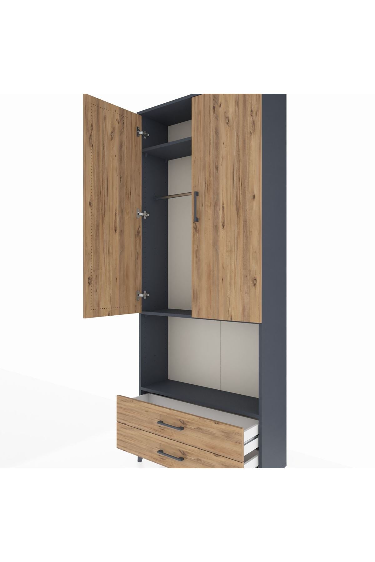 Arges Dolap 3 Raflı 2 Çekmeceli Tek Askılı 88x30x221 Antrasit-Çam