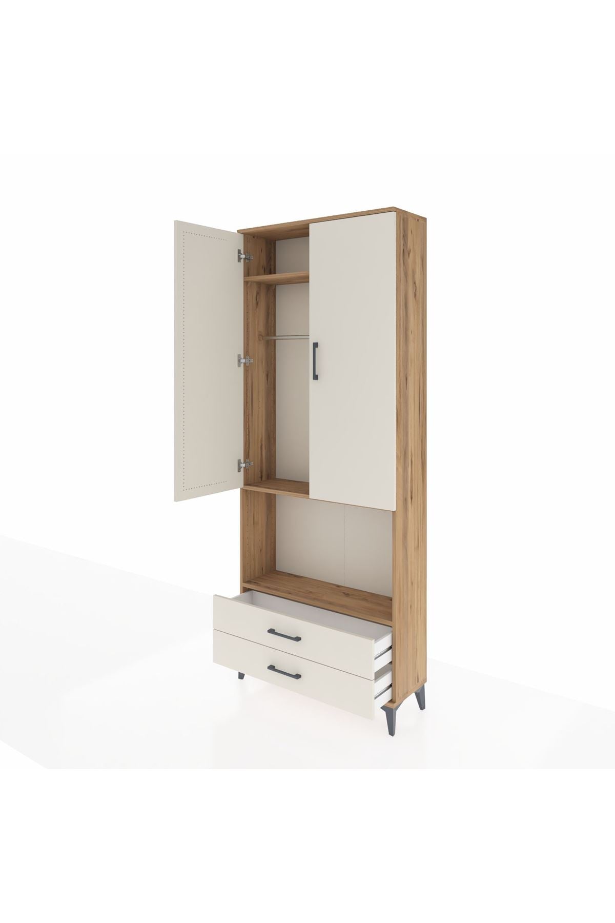 Arges Dolap 3 Raflı 2 Çekmeceli Tek Askılı 88x30x221 Çam-Aytaşı