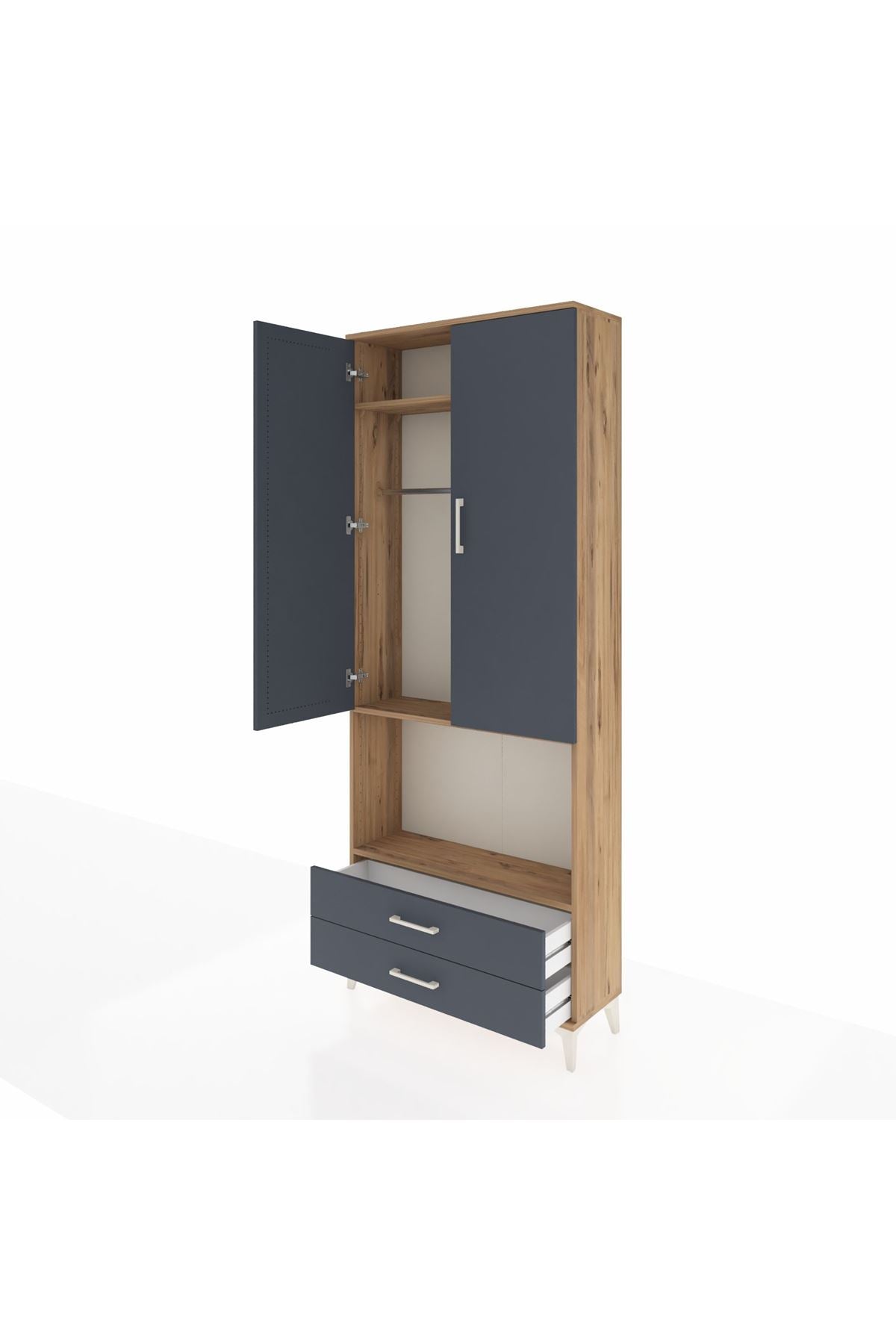 Arges Dolap 3 Raflı 2 Çekmeceli Tek Askılı 88x30x221 Çam-Antrasit