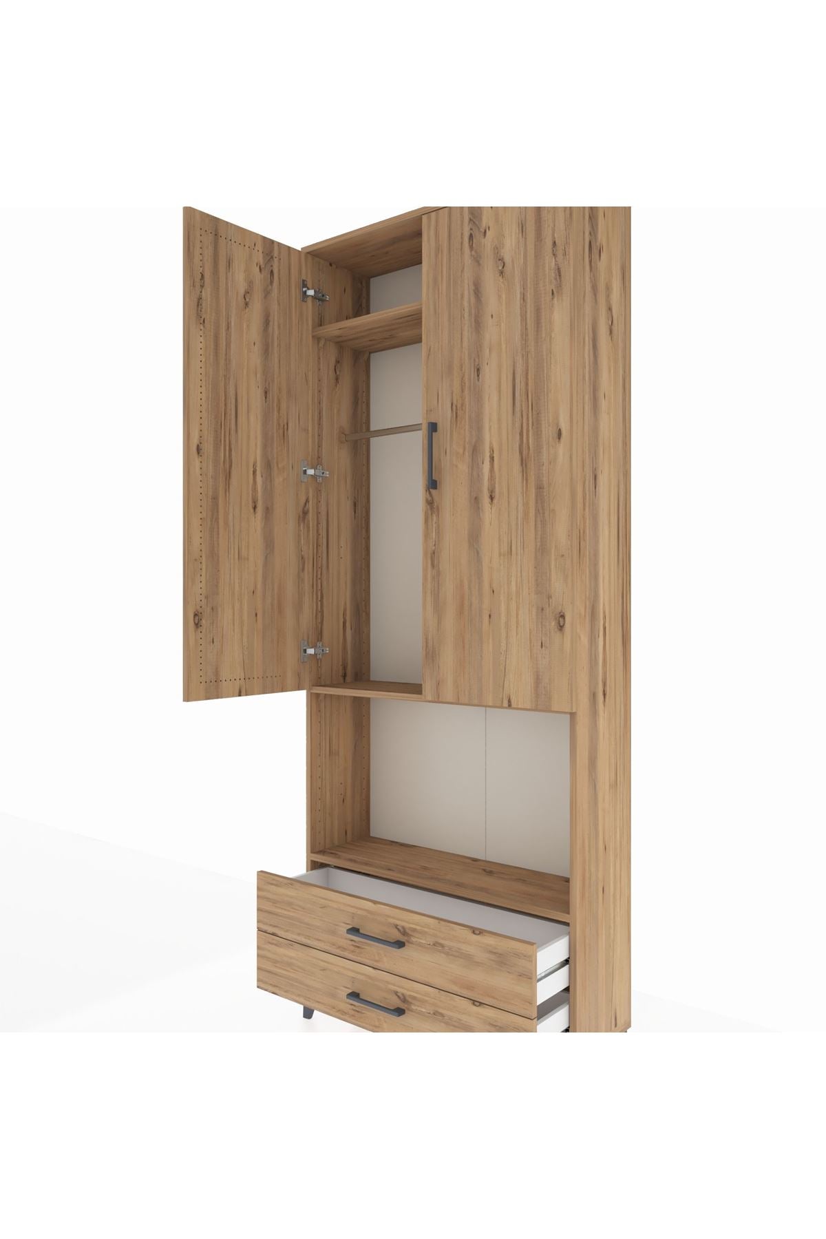 Arges Dolap 3 Raflı 2 Çekmeceli Tek Askılı 88x30x221 Çam-Çam