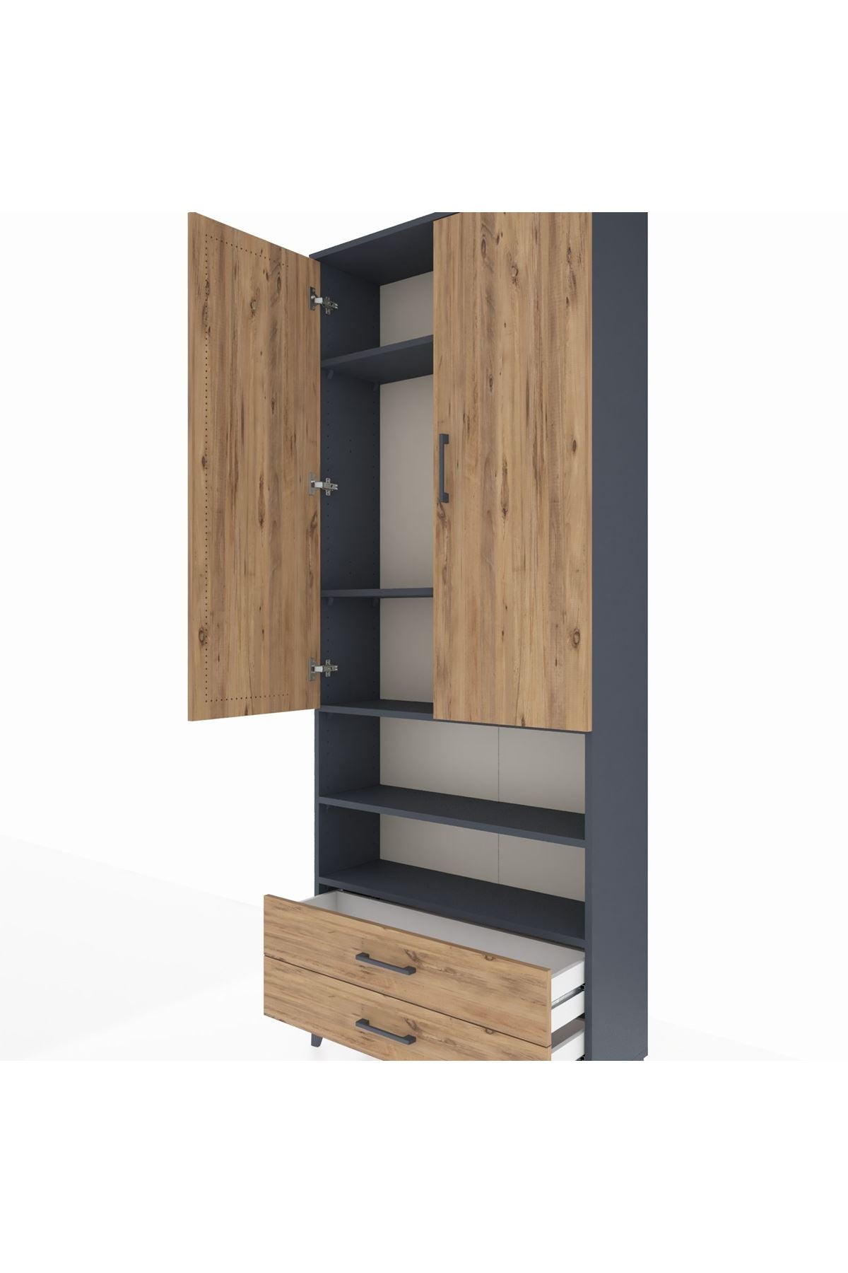 Arges Dolap 5 Raflı 2 Çekmeceli 2 Kapaklı 88x30x221 Antrasit-Çam