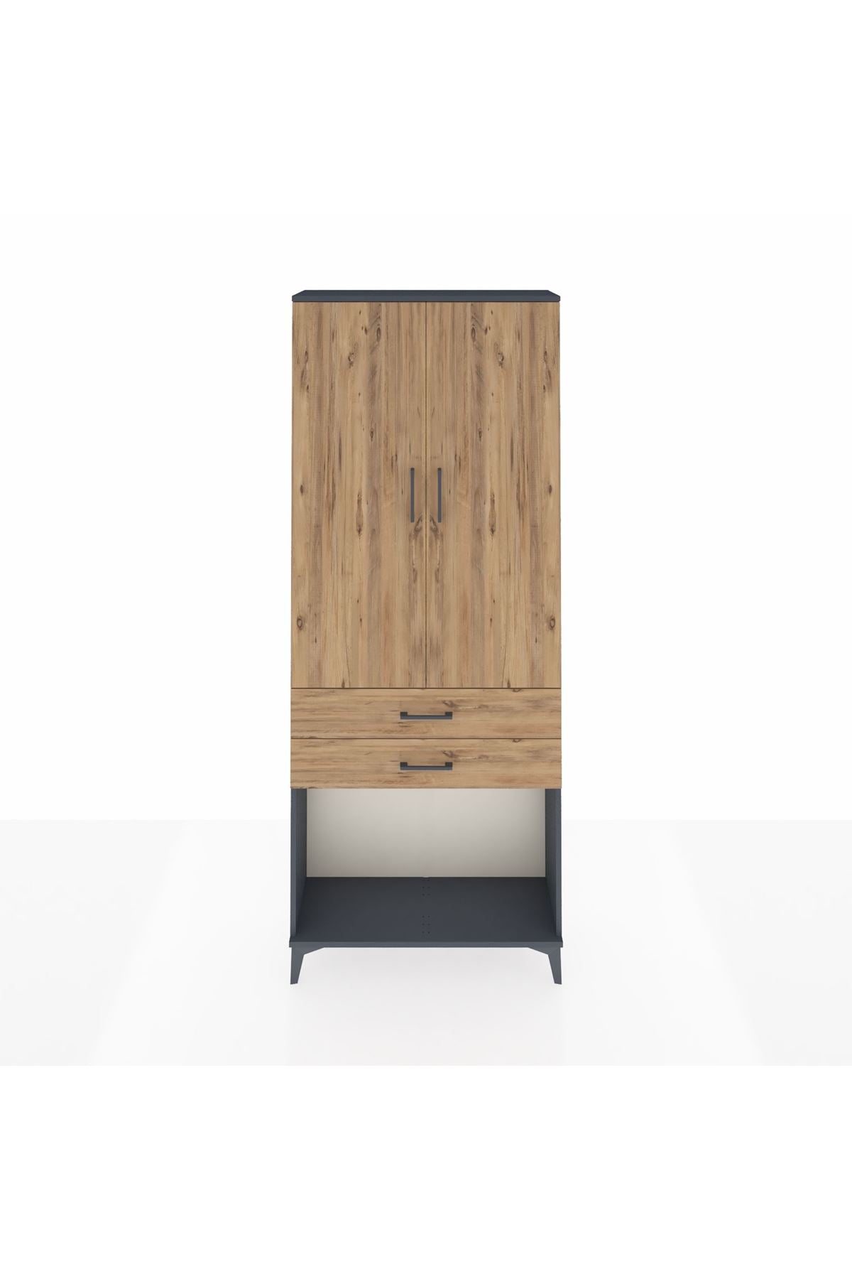 Arges Dolap 2 Raflı 2 Çekmeceli Tek Askılı 88x30x221 Antrasit-Çam